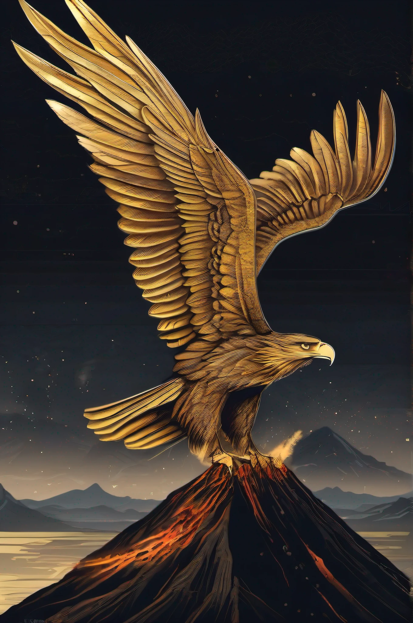dropdown arrow
A black and gold eagle flying over a volcano at night