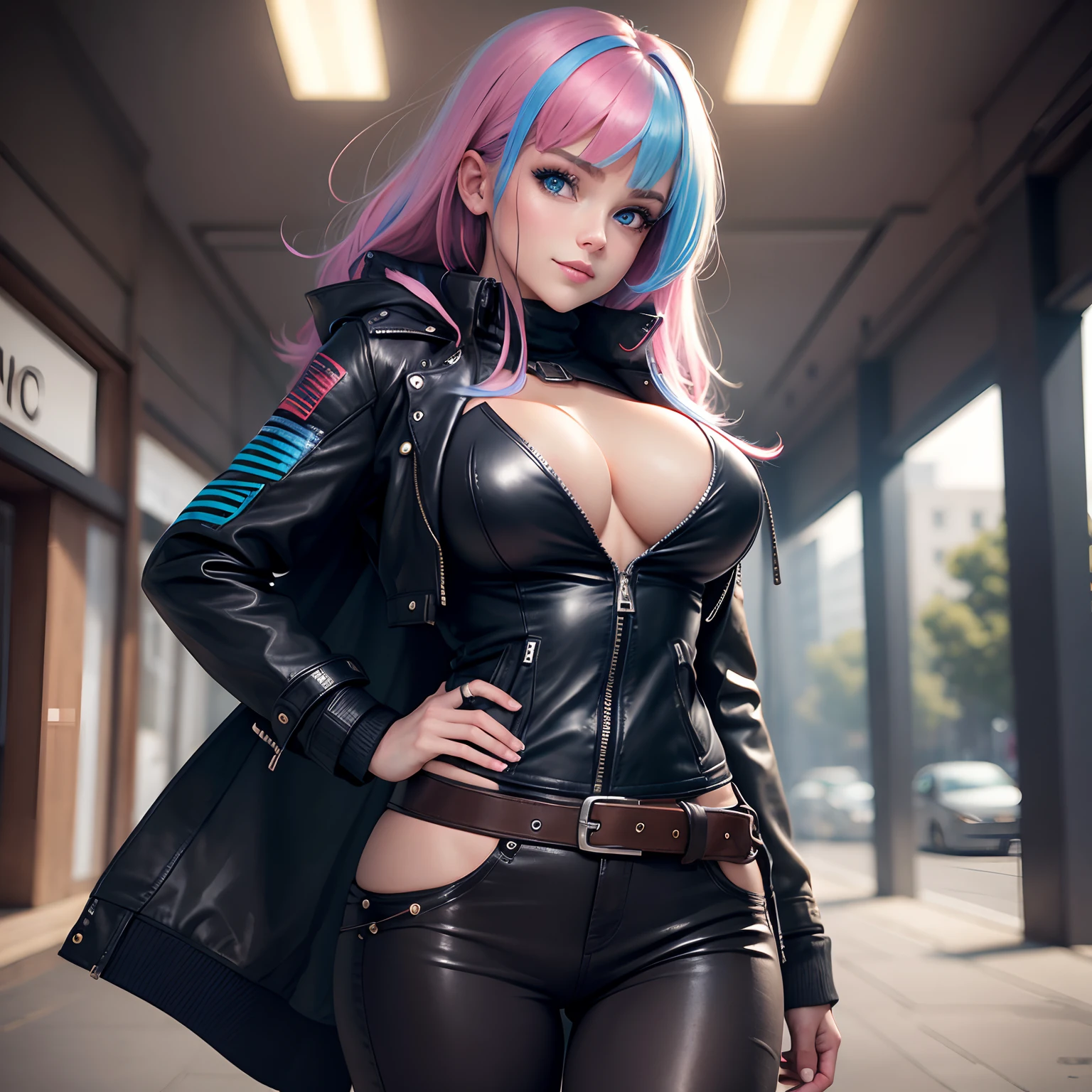 leather jackets,realisitic(1.2),hyperdetailed face,Excellent style,Colossal tits,Beautie,blue eyess,girl with,multicolored hair,top-quality,masterpiece,A smile,Beautiful girls,超A high resolution,girl,I'm pulling down my bangs,a beauty girl,super-detaild skin,