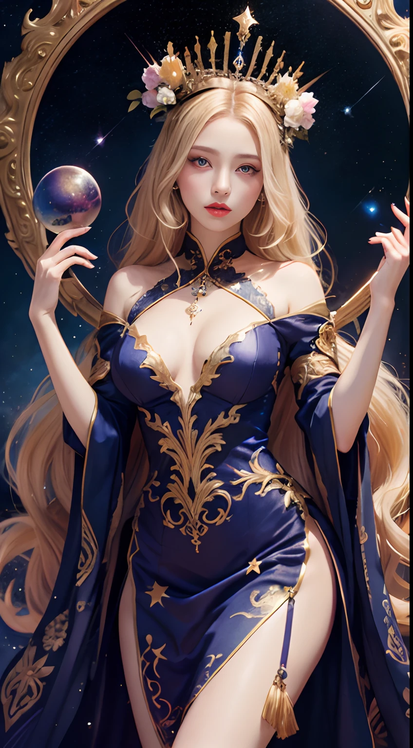 1 27-year-old girl, 1 zodiac goddess from the future, goddess of the pink and purple 12 zodiacs, the goddess of the zodiac in a yellow ao dai, a 12 zodiac ao dai with many black lace detail, mythology Goddess of the 12 zodiacs from the future, zodiac ♏, luxurious glittering zodiac style, dark and mysterious version, zodiac crown, lipstick lips red, thin and beautiful lips, mouth closed, characters made by karol bak and pino daeni, intricate detail, detailed background, extremely detailed, light magic, a woman, clear face, hair long with bangs, beautiful face in detail and well-proportioned eyes, (transparent yellow eyes: 1.8), big round eyes and very beautiful and detailed makeup, foresight, silk dress, mysterious makeup , double bangs and dyed light blonde , upper half portrait, zodiac goddess portrait, arms hanging loosely, Realistic and vivid photo, (stars make up the zodiac: 1.7), (sky background zodiac and fictitious space and time portal: 1.8), fiction art, RAW photo, hanfu picture, best photo, best photo quality, 8k quality, 8k ultra, super realistic, real photo most economical, the goddess poses sexy and seductive,
