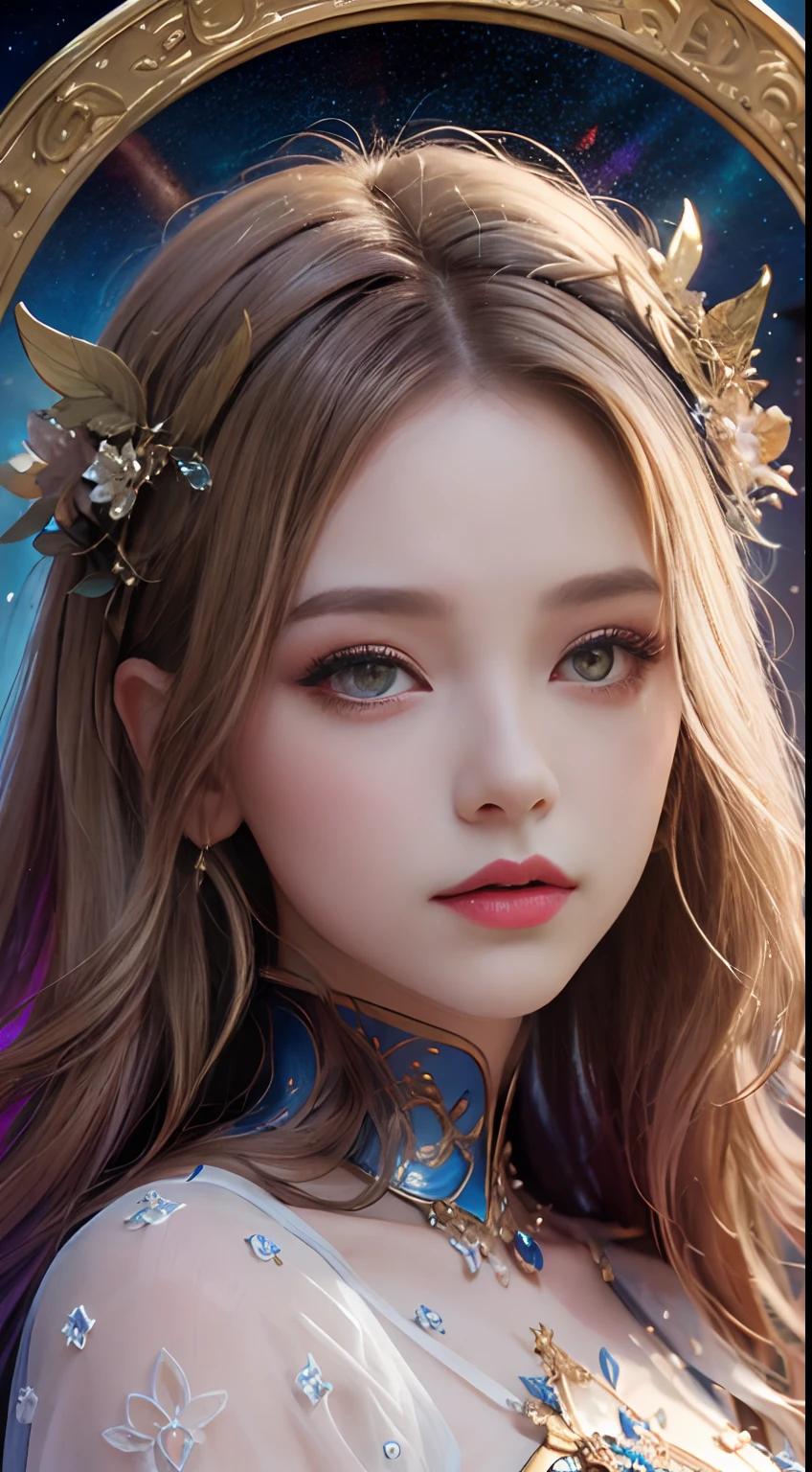 1 27-year-old girl, 1 zodiac goddess from the future, goddess of the pink and purple 12 zodiacs, the goddess of the zodiac in a yellow ao dai, a 12 zodiac ao dai with many black lace detail, mythology Goddess of the 12 zodiacs from the future, zodiac ♏, luxurious glittering zodiac style, dark and mysterious version, zodiac crown, lipstick lips red, thin and beautiful lips, mouth closed, characters made by karol bak and pino daeni, intricate detail, detailed background, extremely detailed, light magic, a woman, clear face, hair long with bangs, beautiful face in detail and well-proportioned eyes, (transparent yellow eyes: 1.8), big round eyes and very beautiful and detailed makeup, foresight, silk dress, mysterious makeup , double bangs and dyed light blonde , upper half portrait, zodiac goddess portrait, arms hanging loosely, Realistic and vivid photo, (stars make up the zodiac: 1.7), (sky background zodiac and fictitious space and time portal: 1.8), fiction art, RAW photo, hanfu picture, best photo, best photo quality, 8k quality, 8k ultra, super realistic, real photo most economical, the goddess poses sexy and seductive,