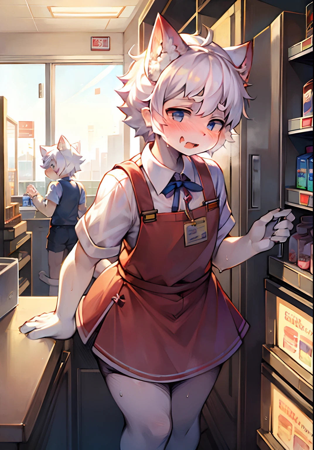 Young White Boy Cat Working As A Cashier At A Convenience Store, Sweating, Wearing A Feminine Outfit