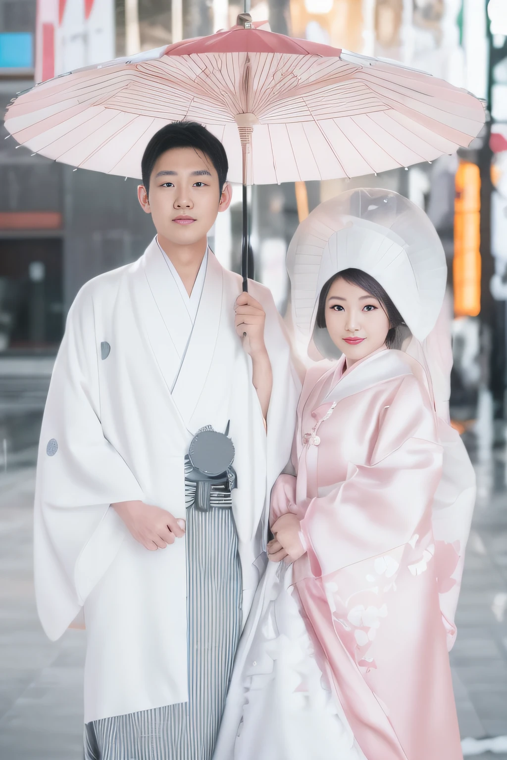 Male and female couples, Japanese umbrella, glamorous wedding dresses, (in 8K, Raw photo, of the highest quality, masutepiece:1.2), Super Detail, 超A high resolution, (Realistic, Photorealistic:1.2), high-definition RAW color photography, professional photograpy, depth of fields, Very fine and beautiful, Very detailed, in 8K, Moisturizing Muscle Dentistry, Digital SLR, 800mm lens