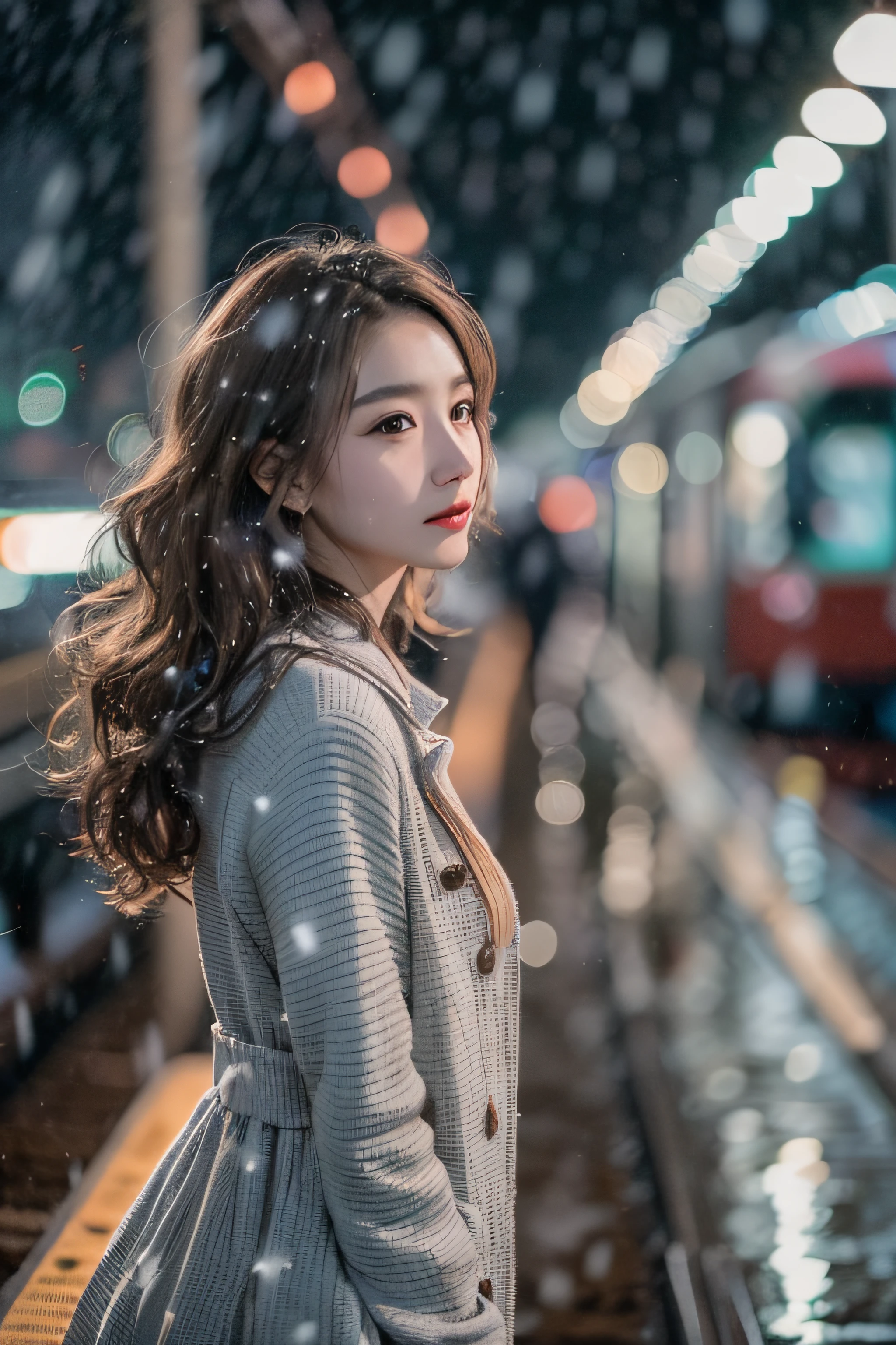 1womanl、Early 20s、(Strong-willed super beauty)、(ultra beautiful faces)、Wearing makeup、Wavy brown hair、Standing on the station platform in the big city at night、It's snowing、Background is a stationary train、Shallow depth of field
