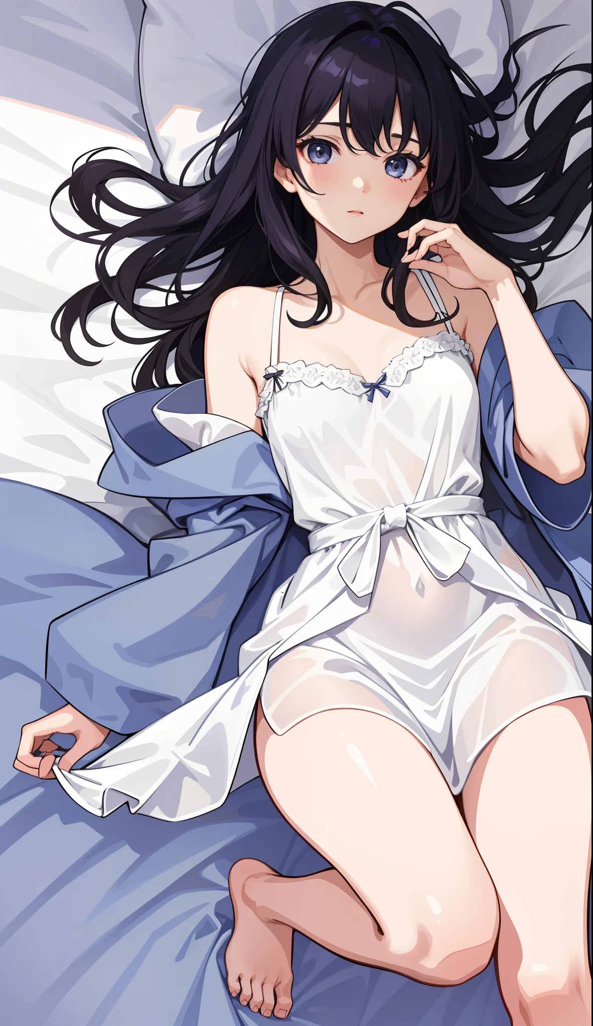 1girl in、AS-Adult、dressing gown、Soft dress、night dress、Lying in bed、One leg open、Upper body portrait、