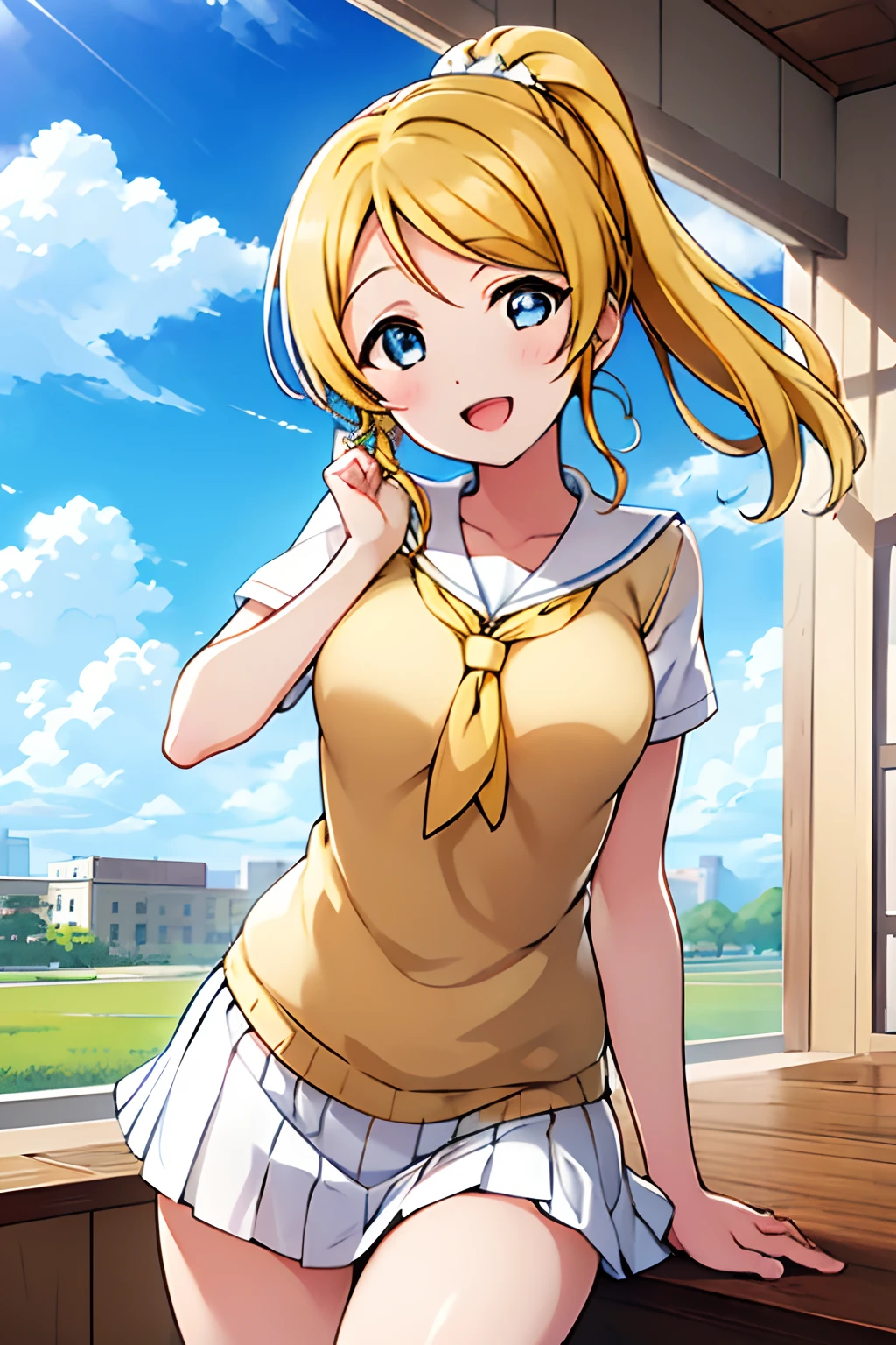 In other words_Ayase、blue eyess、(Yellow hair:1.2)、​masterpiece、top-quality、One girl、:D、‎Classroom、in a house、looking looking at viewer、neckerchief、open open mouth、pleatedskirt、red neckerchief、校服、serafuku、shortsleeves、独奏、(Skirt lift:1.3), (white  panties:1.3)、(Skirt that rolls up:1.3)、(Fully exposed panties:1.5),is standing