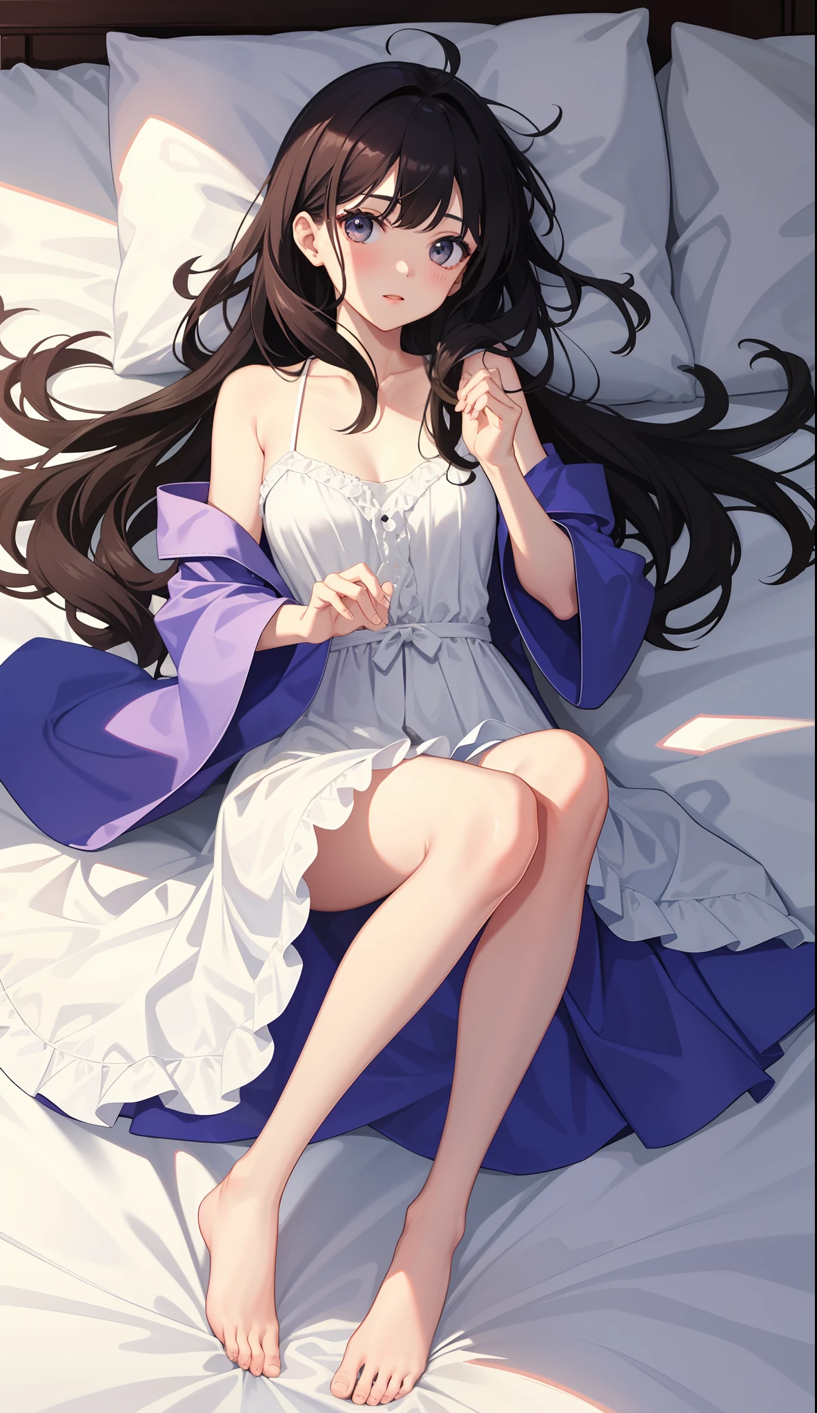 1girl in、AS-Adult、dressing gown、Soft dress、night dress、Lying in bed、One leg open、Upper body portrait、