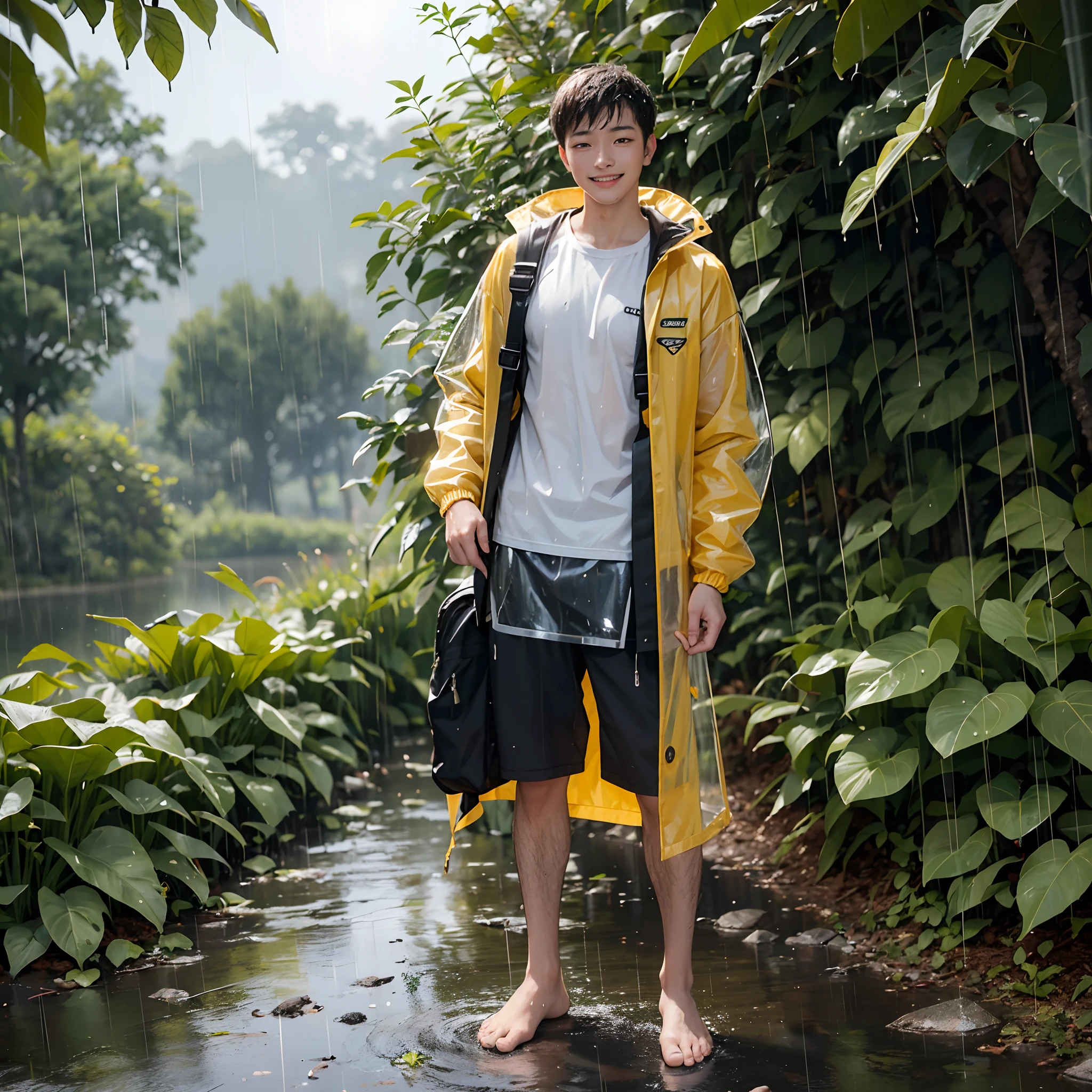 (best quality, masterpiece), boy, deep rain forest, raining, backpack, sun, standing, (clear rain coat, smile, ready to fight, yellow jacket, bare foot, full body)