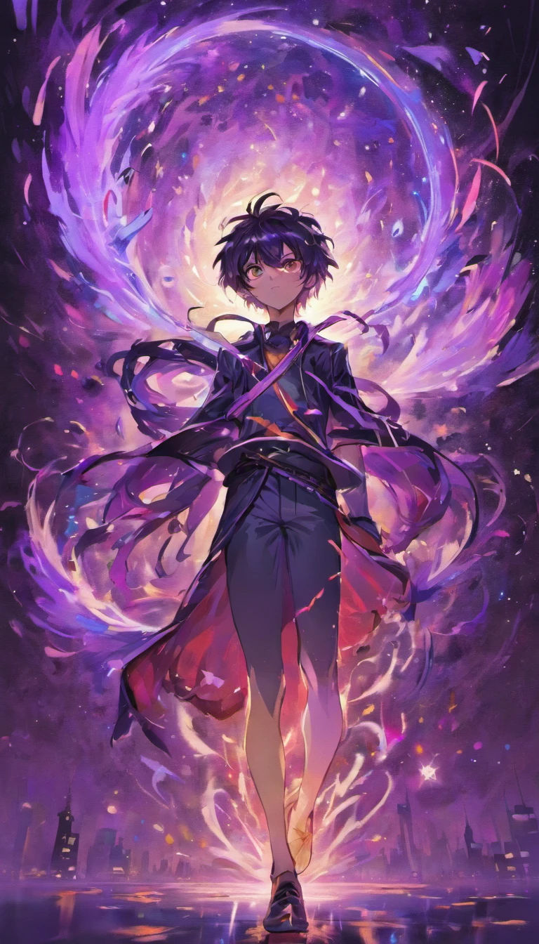 a painting that represents the essence of magic in your world, mostrando o cabelo preto, Protagonista com olhos azuis brilhantes,Hands in pockets with a mystical black mark on his neck immersed in a cascade of purple energy, with glowing particles dancing around him and arcane symbols forming in the air