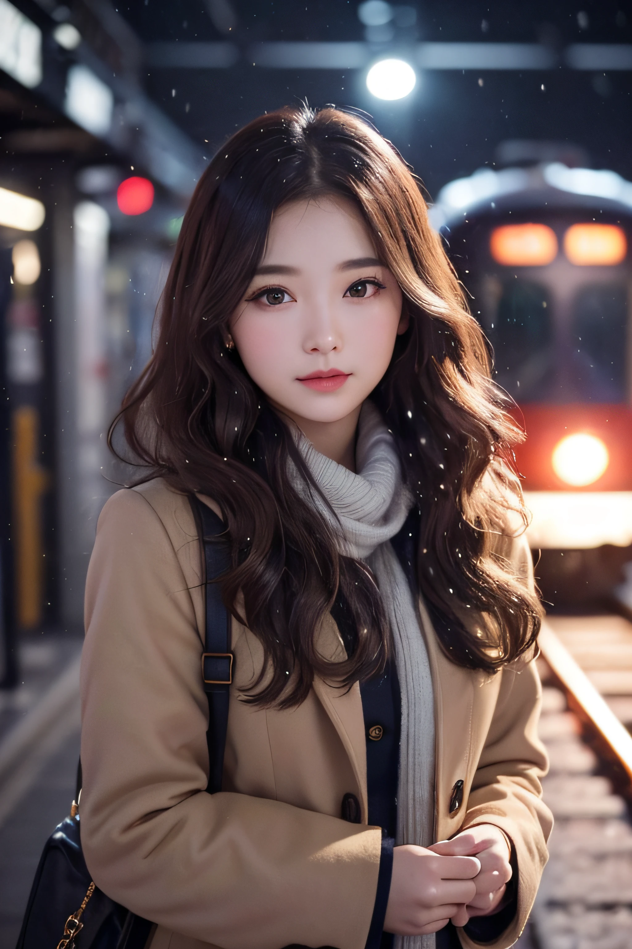 1womanl、Early 20s、(Strong-willed super beautiful woman)、(ultra beautiful faces)、Wearing makeup、Wavy brown hair、Standing on the station platform in the big city at night、It's snowing、Background is a stationary train、Shallow depth of field