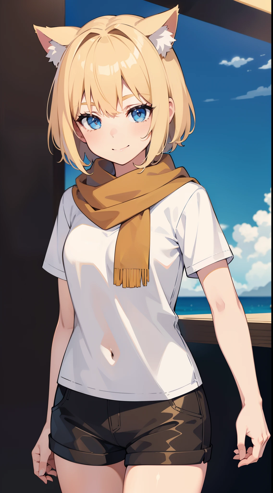 Young girl, short blonde hair, cat ears, blue eyes, smile, white T-shirt, brown shorts, scarf, Masterpiece, hiquality, 4k, HD, Good detail