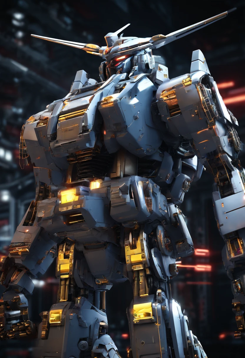 Gundam Mecha , science fiction, Front view, senso de tecnologia, c4d, Renderizador OC, Motor irreal, High detail, desenho industrial, HD 8K, studiolight, retro