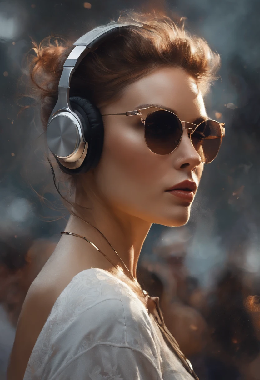Perfect centralization, Mouse bonito, Wear an ultra-short baseball jacket, Superskirt,Wearing sunglasses, Use headphones, delight, Standing position, abstract beauty, centre, Looking at the camera, Facing the camera, nearing perfection, Dynamic, highly detailed, Liso, foco nítido, 8K, high definition resolution, illustration, art by Carne Griffiths and Wadim Kashin, white backgrounid