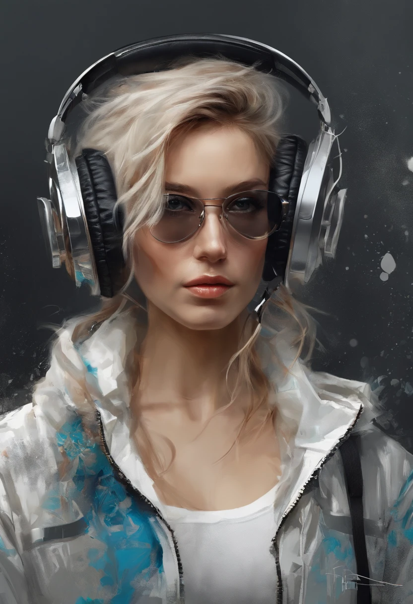 Perfect centralization, Mouse bonito, Wear an ultra-short baseball jacket, Superskirt，Wearing sunglasses, Use headphones, delight, Standing position, abstract beauty, centre, Looking at the camera, Facing the camera, nearing perfection, Dynamic, highly  detailed, Liso, foco nítido, 8K, high definition resolution, illustration, art by Carne Griffiths and Wadim Kashin, white backgrounid