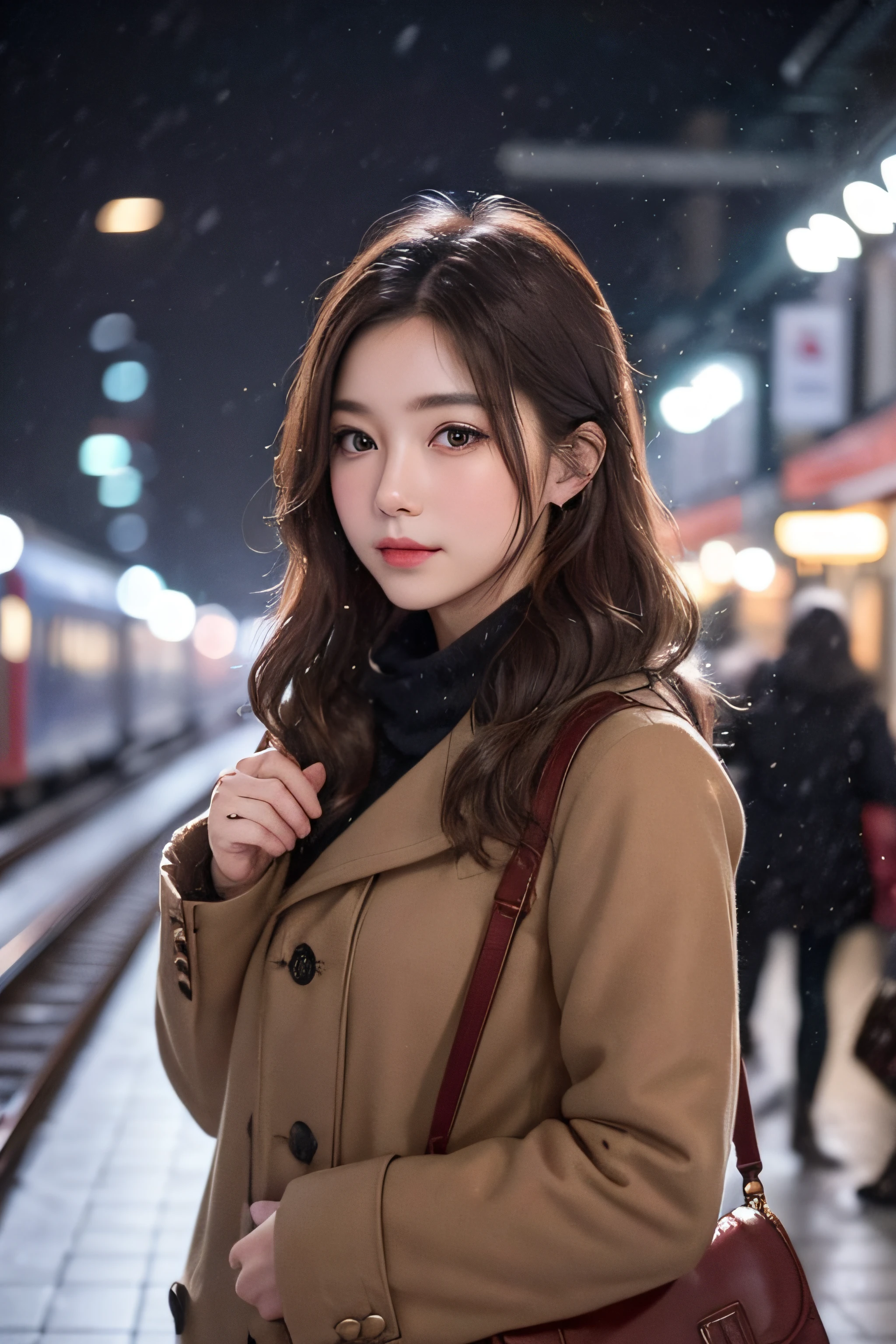 1womanl、Early 20s、(Strong-willed super beautiful woman)、(ultra beautiful faces)、Wearing makeup、Wavy brown hair、Standing on the station platform in the big city at night、It's snowing、Background is a stationary train、Shallow depth of field