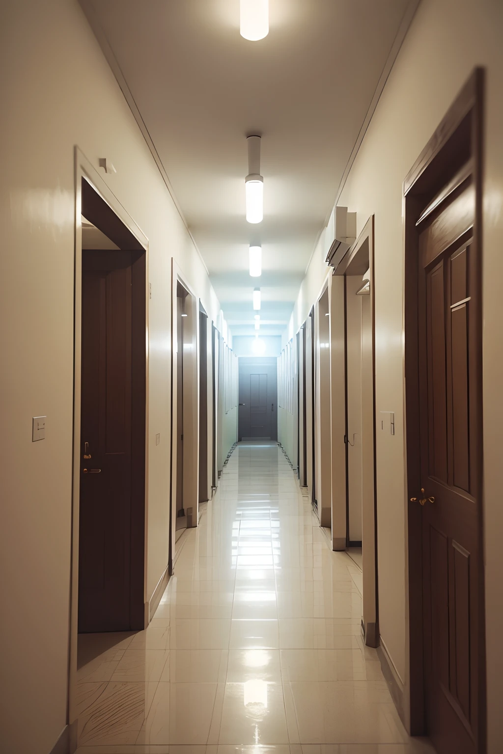 Hospital no interior, corredor extenso totalmente branco e limpo, com apenas 3 portas a esquerda e a direita, Ambiente fechado, 4k, hospital antigo meio acabado, ano 1900, Ancient times, the end of the corridor contains no door