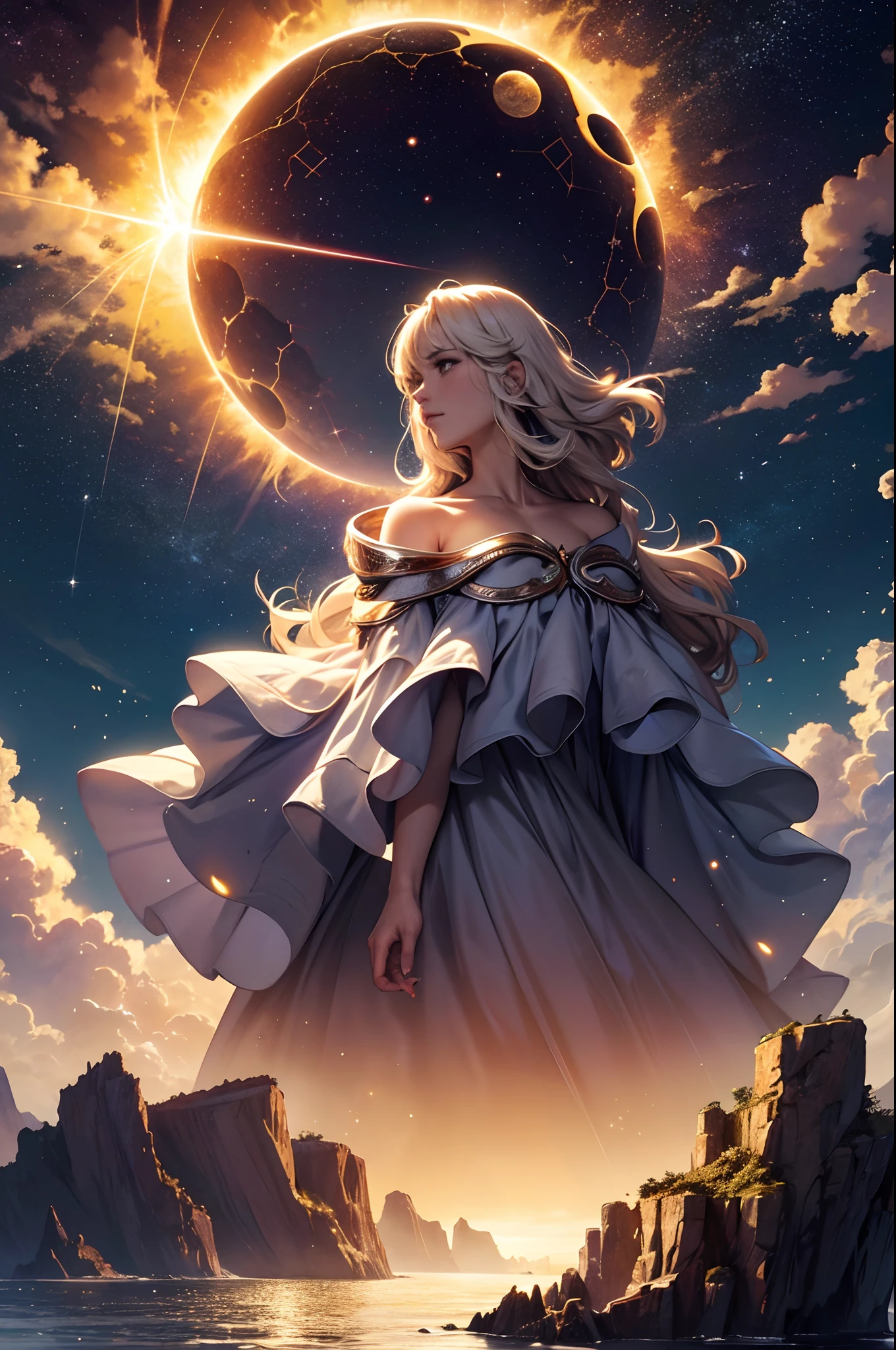 Landscape of the world and in the sky a series of constellations and magical entities, magia, estrelas, fora, Eclipse, Light in the center coming from a burst of light, mar com ondas e entardecer, magnificent gorgeous dramatic scene, 8k, magnifica