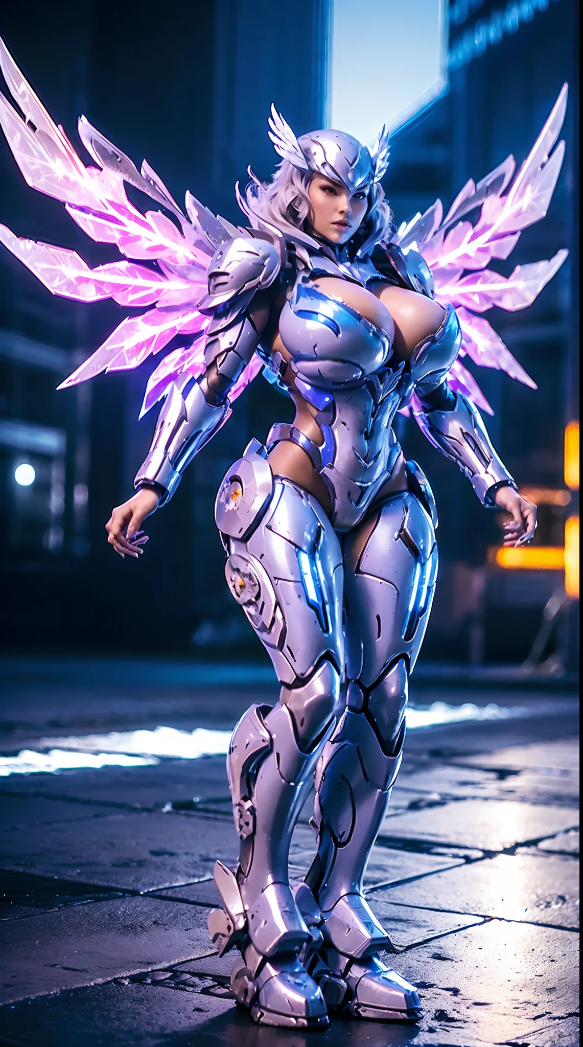 HUGE BOOBS, ICE MECHA ARMOR FULL SUIT, (CLEAVAGE), (A PAIR LARGEST PHOENIX WINGS), TRANSPARANT, TALL LEGS, STANDING, SEXY BODY, MUSCLE ABS.