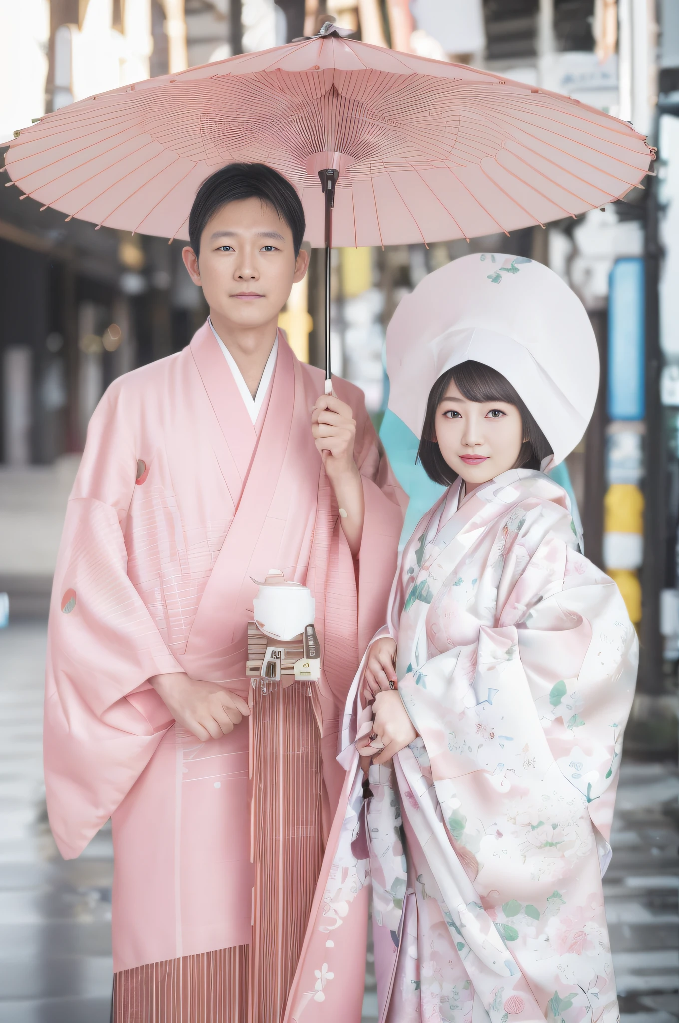 Male and female couples, Japanese umbrella, Kimono, (in 8K, Raw photo, of the highest quality, masutepiece:1.2), Super Detail, 超A high resolution, (Realistic, Photorealistic:1.2), high-definition RAW color photography, professional photograpy, depth of fields, Very fine and beautiful, Very detailed, in 8K, Moisturizing Muscle Dentistry, Digital SLR, 800mm lens