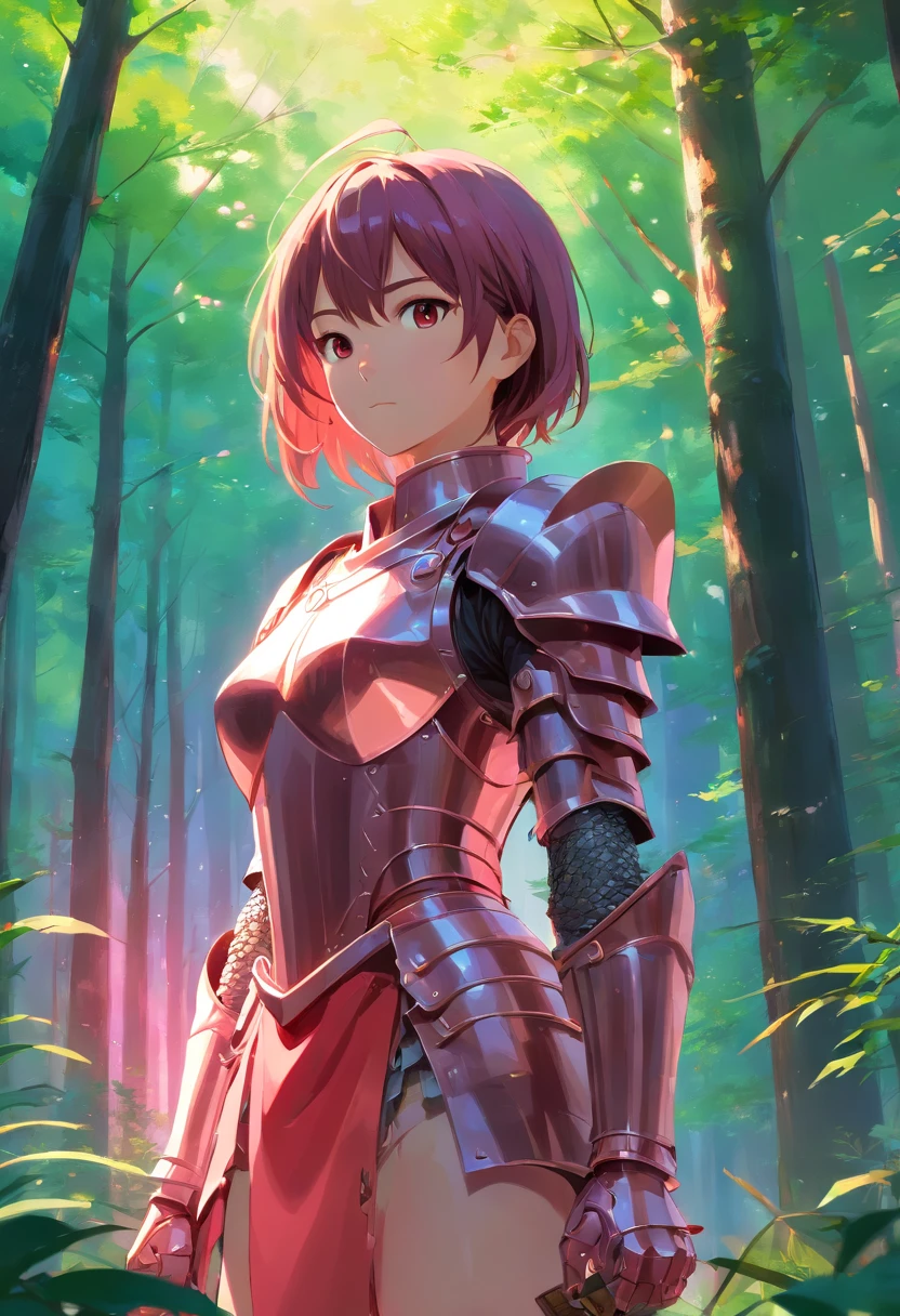 pallet knife and brush strokes, knight off in the distance of a forest, knight in shiny metal armor, pink and red color palette, studio lighting, ultra-fine painting, sharp focus, extreme detail description, professional, vivid colors, bokeh, landscape
