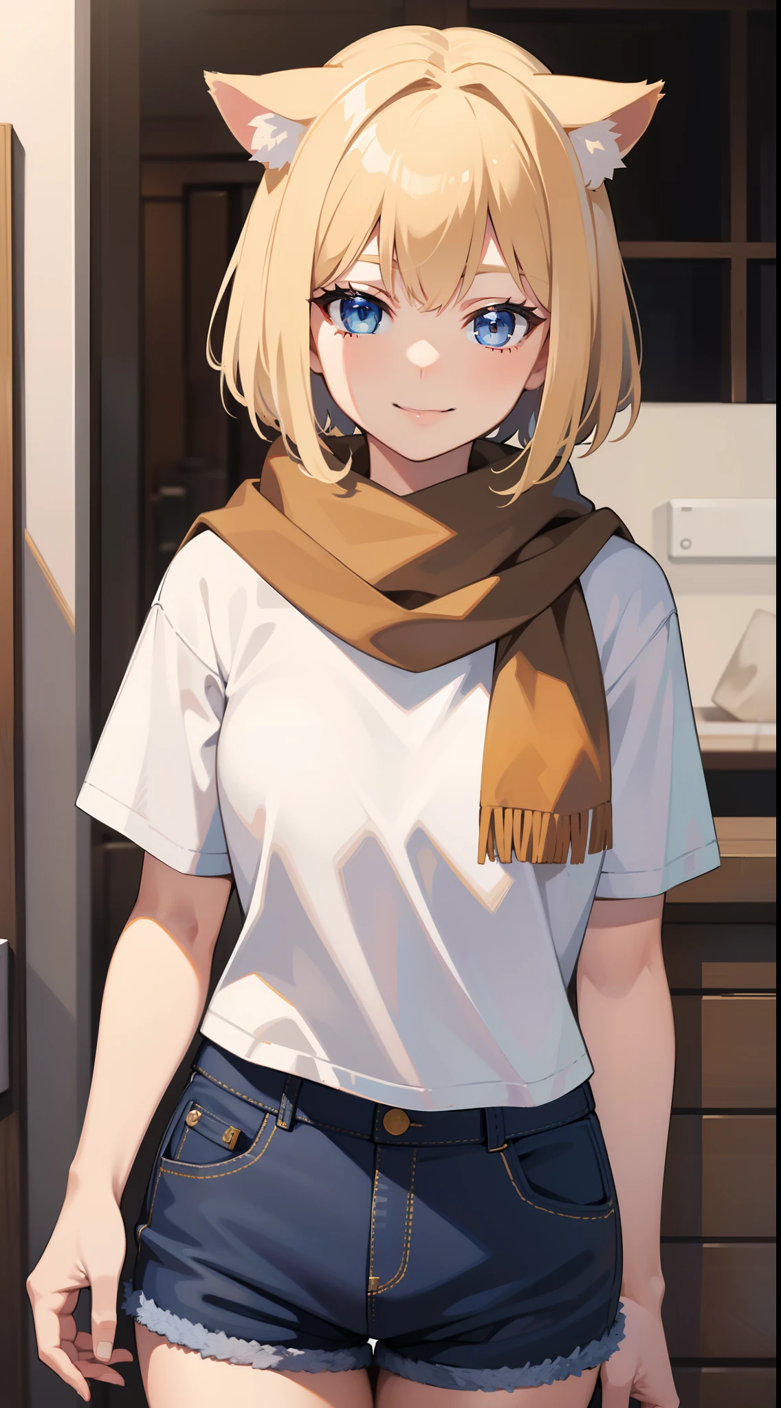 Young girl, short blonde hair, cat ears, blue eyes, smile, white T-shirt, brown shorts, scarf, Masterpiece, hiquality, 4k, HD, Good detail