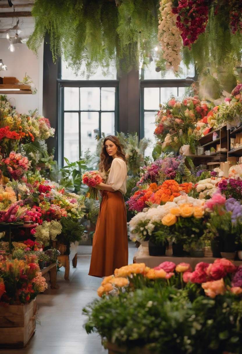 A florist in the city，The interior of the store is simple、Covered with colorful flowers、Large chunks of leafy greenery，A girl takes care of a bouquet in a store