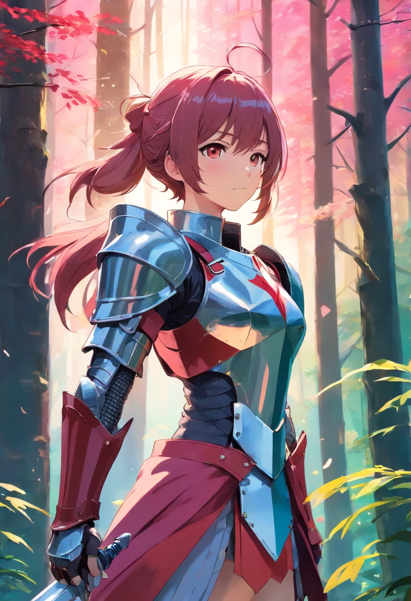 pallet knife and brush strokes, knight off in the distance of a forest, knight in shiny metal armor, pink and red color palette, studio lighting, ultra-fine painting, sharp focus, extreme detail description, professional, vivid colors, bokeh, landscape, no close ups of knight