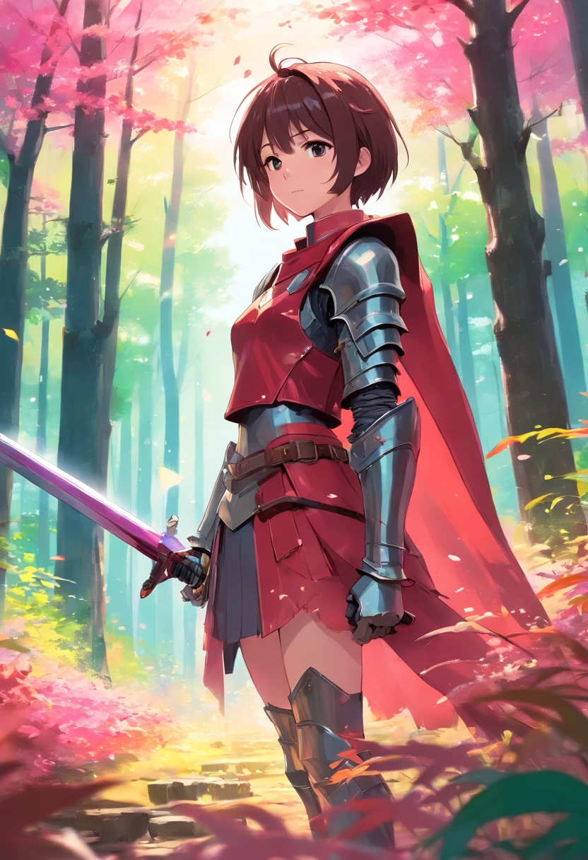 pallet knife and brush strokes, knight off in the distance of a forest, knight in shiny metal armor, pink and red color palette, studio lighting, ultra-fine painting, sharp focus, extreme detail description, professional, vivid colors, bokeh, landscape, no close ups of knight