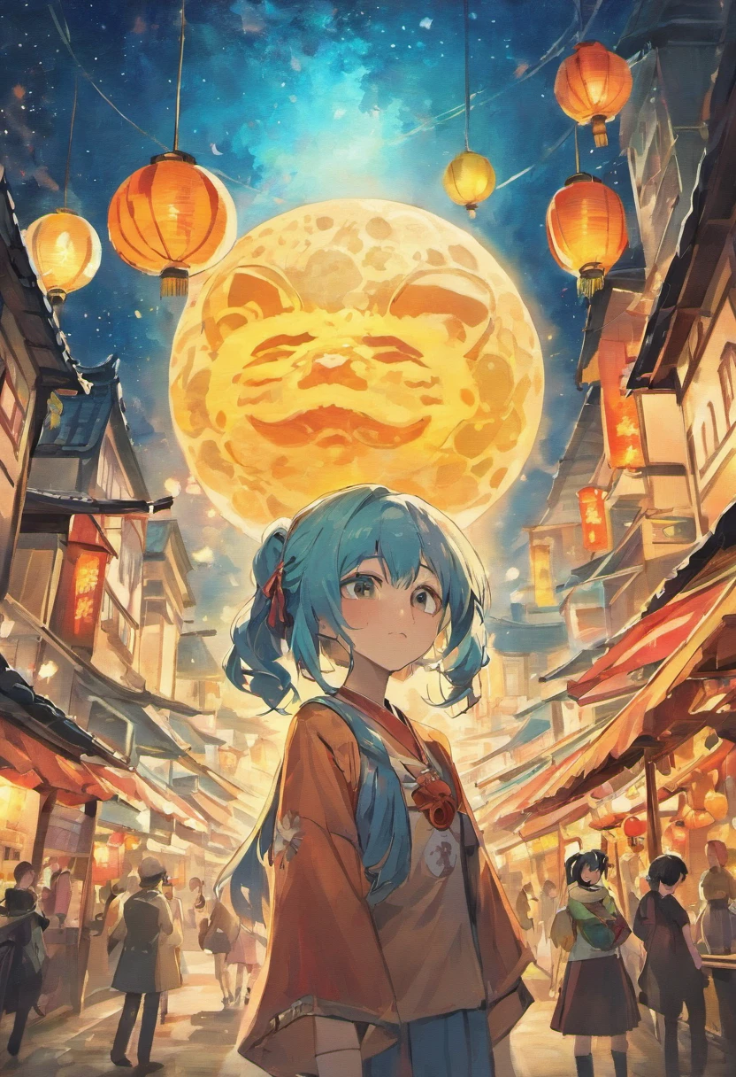 Mid-Autumn Festival、No Man,Moon、themoon、Star of the Sun、Mooncake stalls、Concert、band、fire works、UAVs、environment friendly、tradit、celebrating、enviroment、The villagers、Plaza、Bamboo lanterns、the night、celebrating、Artistically、device、decor、castoff、save、resource,high definition resolution