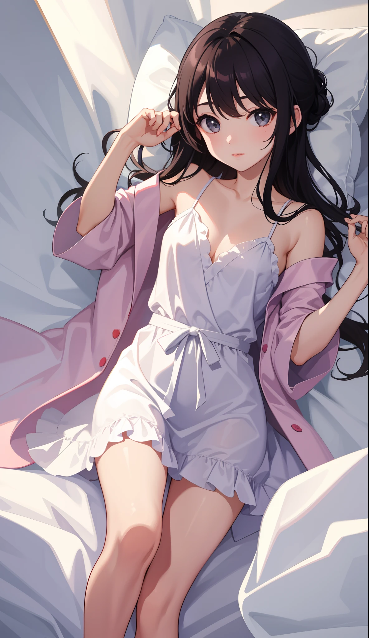 1girl in、AS-Adult、dressing gown、Soft dress、night dress、Lying in bed、One leg open、Upper body portrait、