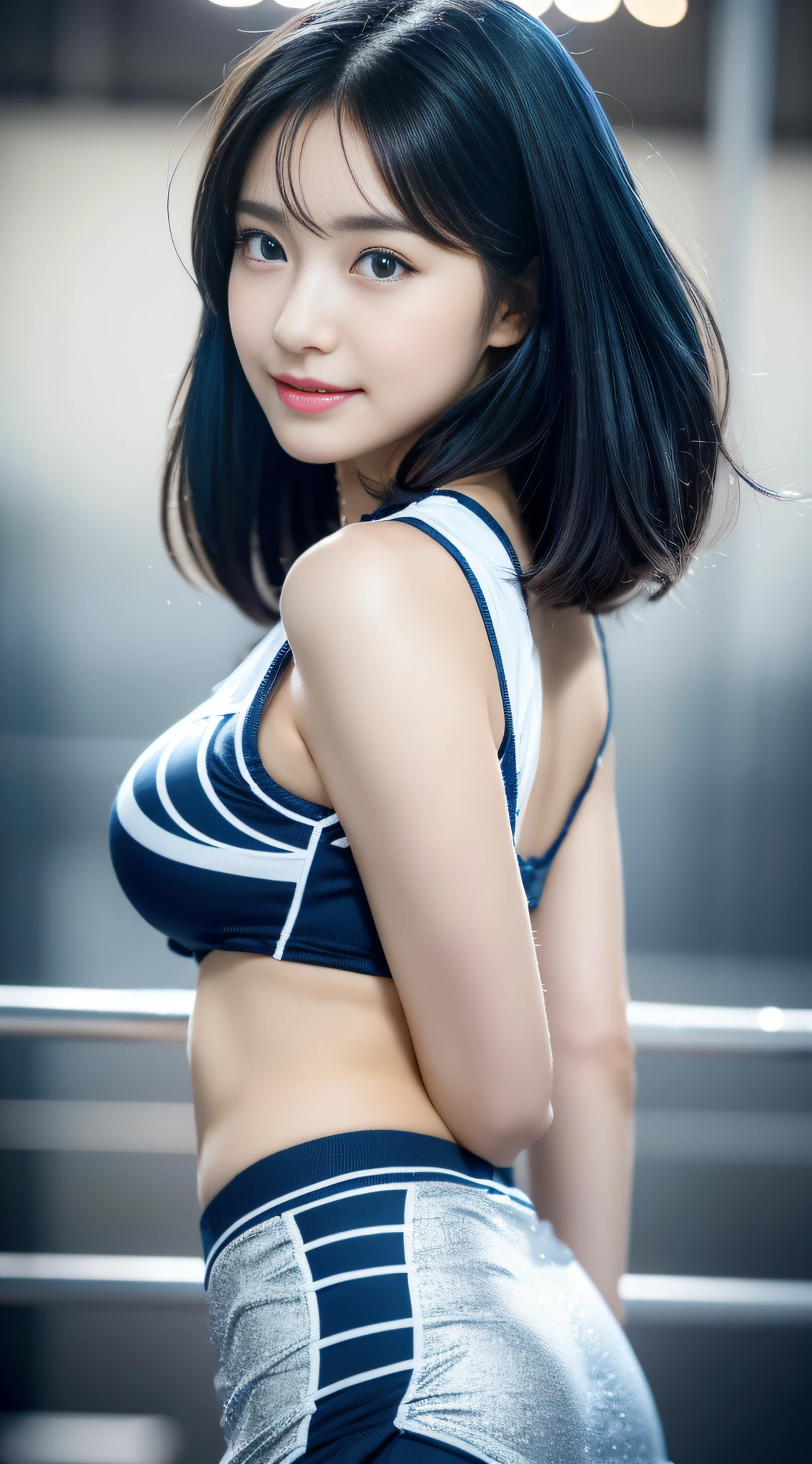 (((32K,very high res, high detailing, highly accurate,Masterpiece Girl 1))),Raw photo & realistic atmosphere,beautiful dark blue eyes,Detailed mouth,Glossy lips,Detailed eyebrows,Soft white skin that shines with every detail,,Eyes drawn in detail、Very beautiful eyes with azure eyes,Detailed lips、Very beautiful face,Very well-formed face、Lifelike face,shiny beautiful lips,Beautiful eyebrows,Infinite reality,Best design,（Insanely cute Japan 17 year old girl,Healthy style,Beautiful breasts with big breasts,Very cute beautiful girl,Little Girl：1.1）,Best Natural Makeup,Japanese ido,Korean Idols,Japan Cheer Girl,Korean Cheergirls,Moist eyes,Dark beautiful eyes,Beautiful butt,beauty legs,,camel's foot,,Skinny Fingers,Detailed beautiful legs：1.3),超A high resolution、,Natural and realistic face,Back lighting,Pure eyes are too cute,(((photorealisim))),Reality Live Action,（Simple piercing,Glossy nail art：1.1）,（short hair with shiny blue hair,Horizontal marshalling,独奏,natural make up：1.3）,（Beautiful cheerful girl,Packed match venues：1.3）,（Full Body Costume Display,Photograph the whole body,I'm cheering for you cheerfully,Colorful and sexy cheergirl costume in silver and black and white tones with high detail design,Sexy cheergirl costume with a lot of exposure,Cheerful and sexy cheergirls,High Definition High Resolution Very Beautiful and Cute 17 Year Old Cheering Cheering Figure Cute Cheering,hair pin,hair adornments,hairaccessories,micromini skirt,facing back,Good luck leaning forward,Bend forward,Show me your ass on all fours,Beautiful back view：1.5）