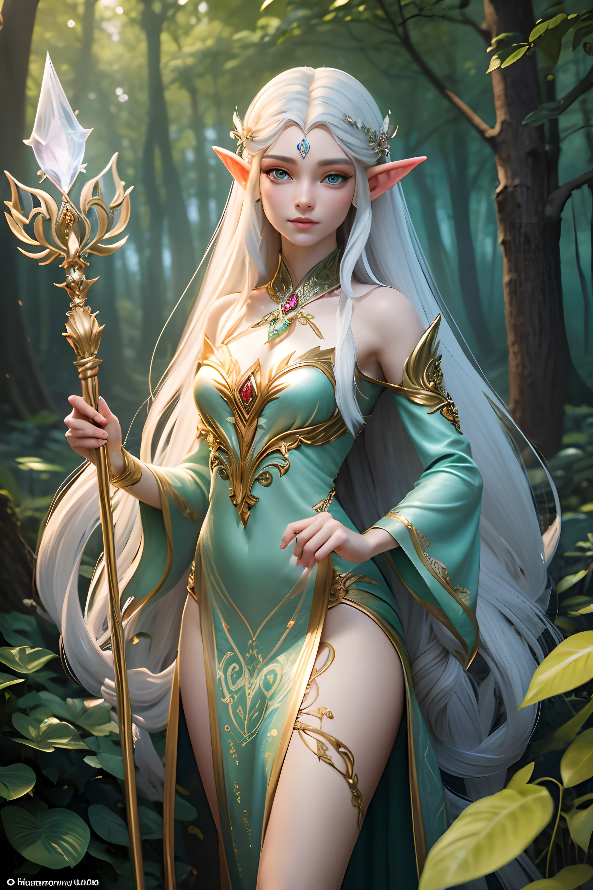 Elf female , in dress ornate, white hair, deer horns on her head, elven goddess dragon age, perfectly proportioned body , flowers , leaves, white deer, omnilight , Ross Tran , Wlop , intricate detail ,dark background , HD. Photography