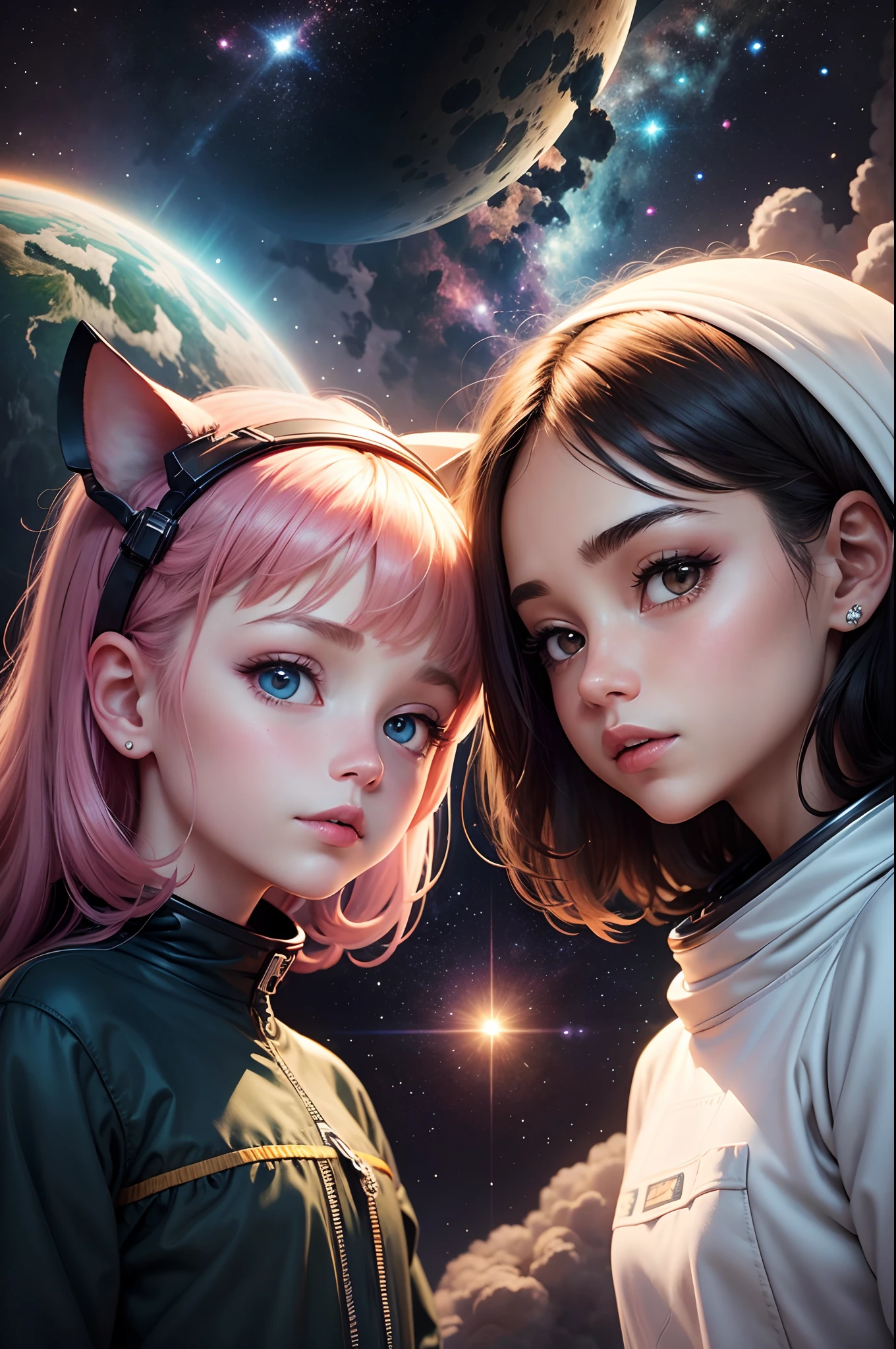 Cartoon illustration of 2 girl in space with cat, official fan art, in space, kitten in outer space, in outer space, in deep space, in galaxies, deep space exploration!!!, space travel, wearing in stars and planets, outer space, outer space, starry sky in space, in space, official art, space, on a spaceship, colorful, cute, more detailed, light, more realistic, cartoon