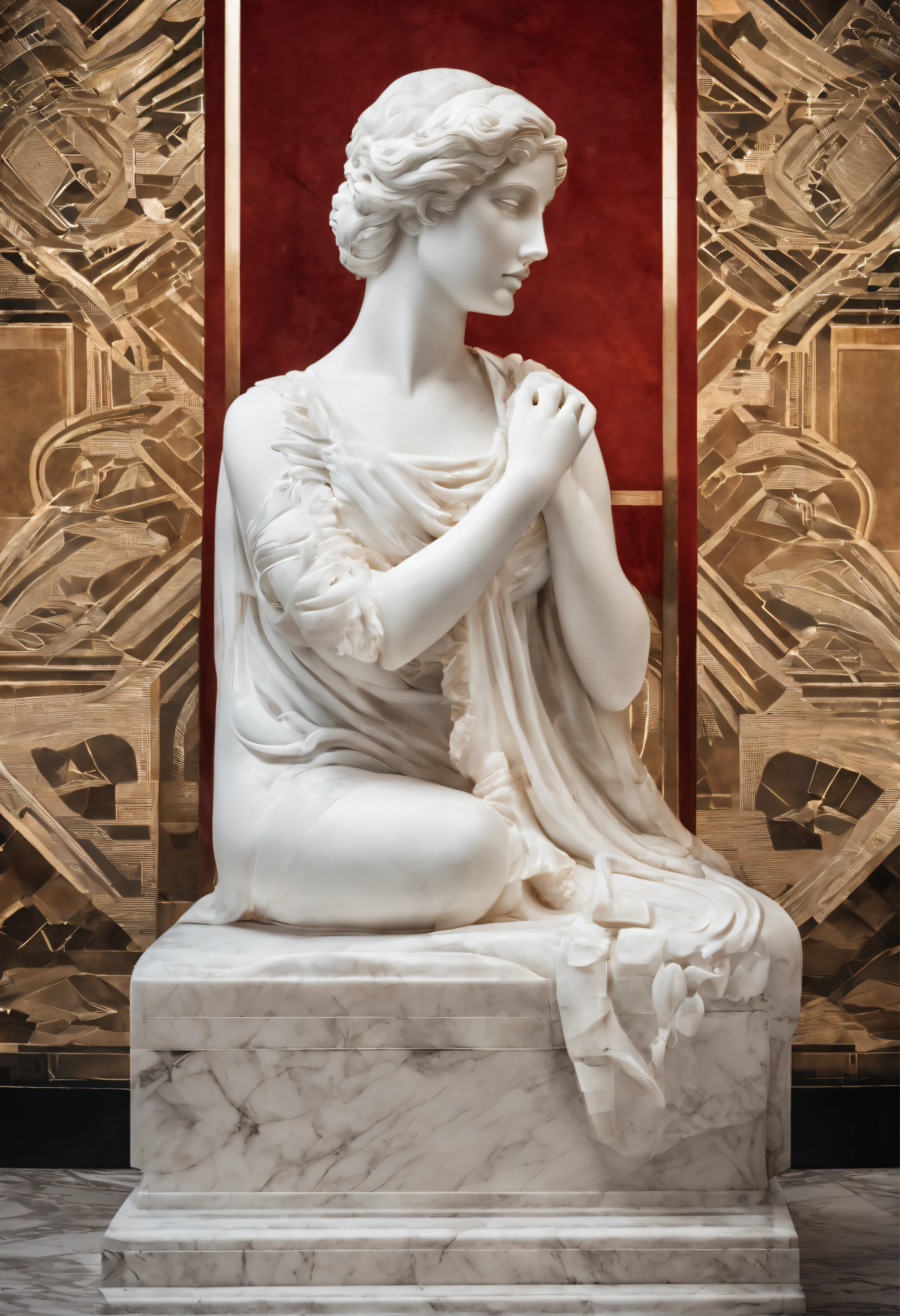 beautiful Greek statue of shiny white marble, of a naked woman sitting with legs open, gonecological position. garden