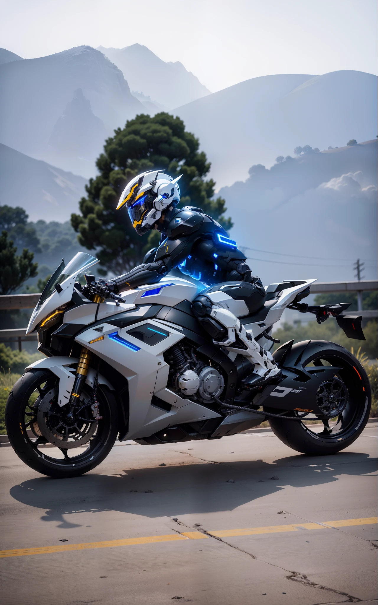 Handsome full body black mecha white short hair cyber handsome warrior, black cyber mechanical motorcycle, high-tech black full surround helmet, white short hair, Nousr, biomechanics, MSHN robot man, high-tech helmet, surreal, steel, complex design, crazy details, fine details, extremely clear lines, cinematic lighting, photo realism, detailed masterpiece