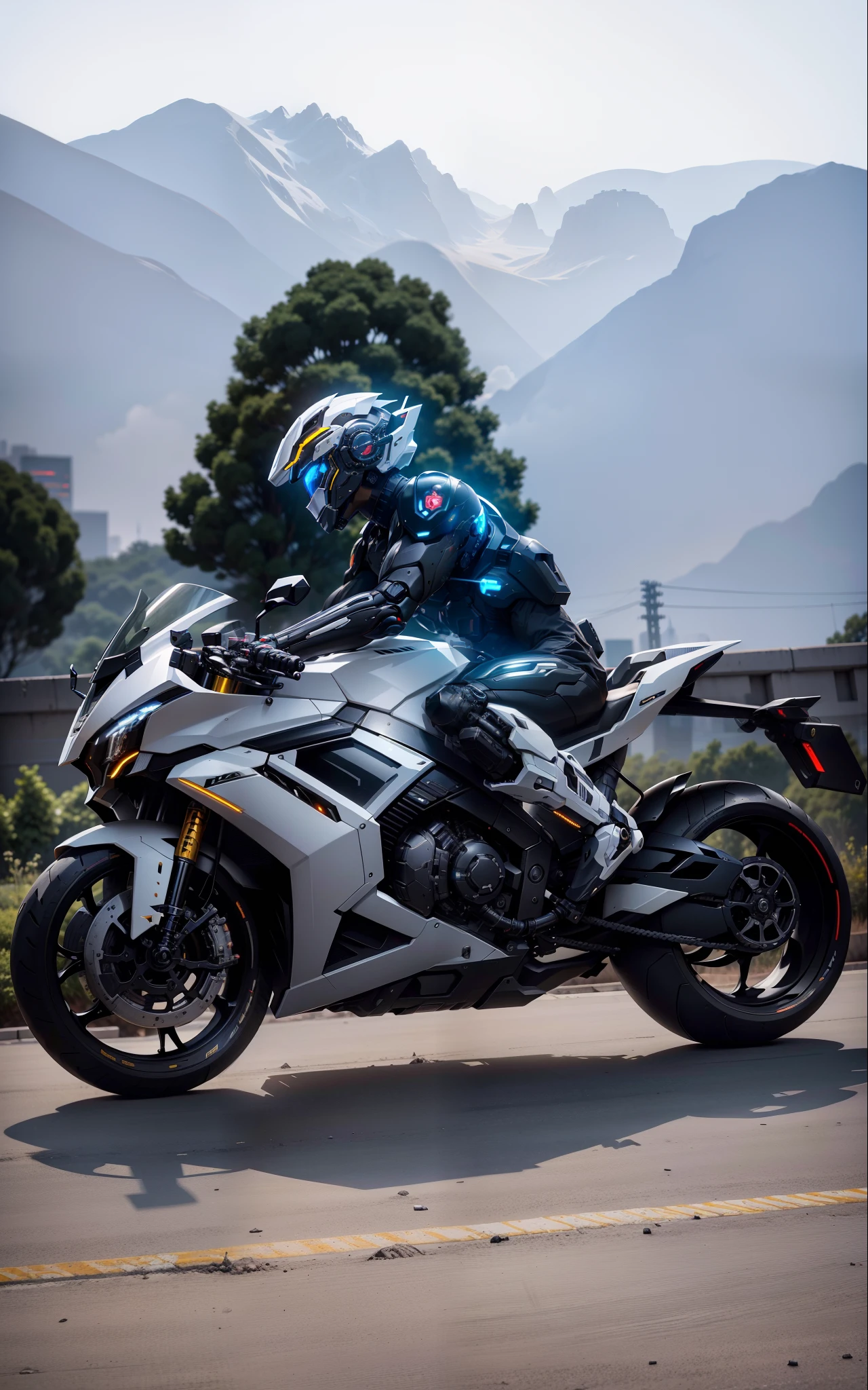 Handsome full body black mecha white short hair cyber handsome warrior, black cyber mechanical motorcycle, high-tech black full surround helmet, white short hair, Nousr, biomechanics, MSHN robot man, high-tech helmet, surreal, steel, complex design, crazy details, fine details, extremely clear lines, cinematic lighting, photo realism, detailed masterpiece
