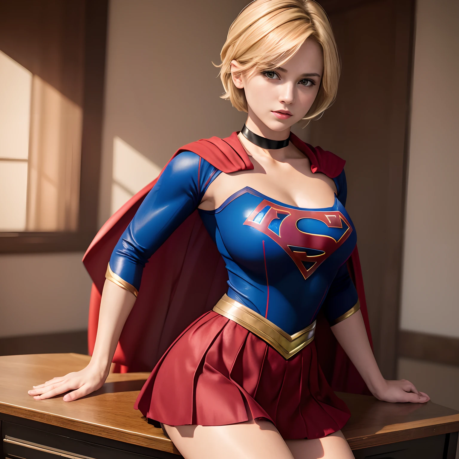 (best quality,4k,8k,highres,masterpiece:1.2),ultra-detailed,realistic:1.37,a masterpiece,Short-haired Supergirl straddling school desk and provoking、large full breasts、Looking at the camera、Glossy costume、shiny bright red skirt、Shortcloak、a choker、