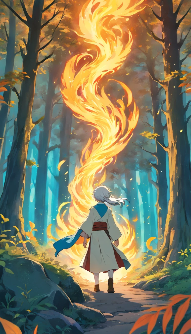 Amidst an ancient and overgrown forest, the essence of magic takes form through a young man,white hair,blue eyes, his hair as dark as the shadows and his eyes a radiant golden blaze. A mystical mark graces his neck, shimmering with latent power. Within a clearing, he stands engulfed in a cascading torrent of flames, the fire's heat tempered by an otherworldly energy. As the magical fire spirals and dances, it conjures a swirling dance of luminous particles, each a fragment of his ethereal aura. Arcane symbols materialize in midair, their glow casting an eerie light on his intense focus. The scene exudes a sense of ancient power and hidden knowledge, as if the woods themselves are alive with long-forgotten secrets. The mood is one of serene intensity, where the balance of nature and magic intertwine. The illustration style captures this mystical aura through detailed digital artistry, combining intricate linework with vibrant color palettes. --ar 16:9 --v 5