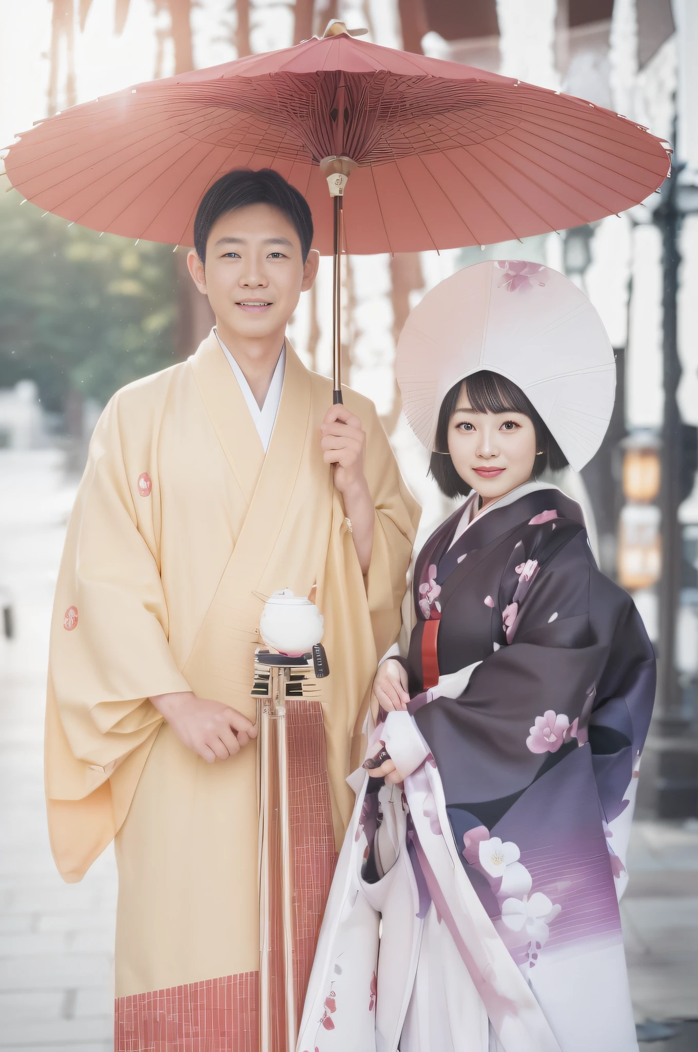 a smile, Male and female couples, Japanese umbrella, Kimono, (in 8K, Raw photo, of the highest quality, masutepiece:1.2), Super Detail, 超A high resolution, (Realistic, Photorealistic:1.2), high-definition RAW color photography, professional photograpy, depth of fields, Very fine and beautiful, Very detailed, in 8K, Moisturizing Muscle Dentistry, Digital SLR, 800mm lens