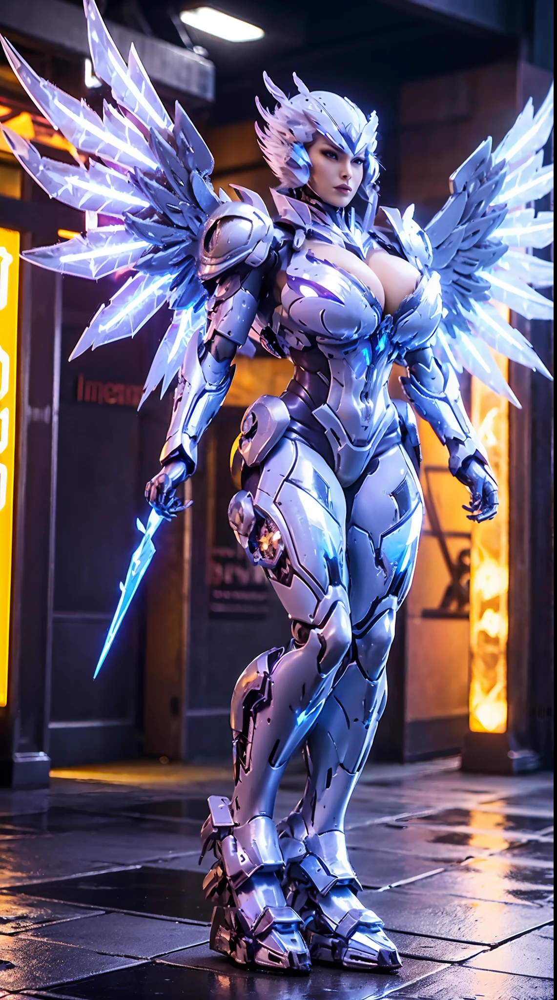 HUGE BOOBS, ICE MECHA ARMOR FULL SUIT, (CLEAVAGE), (A PAIR LARGEST PHOENIX WINGS), TRANSPARANT, TALL LEGS, STANDING, SEXY BODY, MUSCLE ABS.