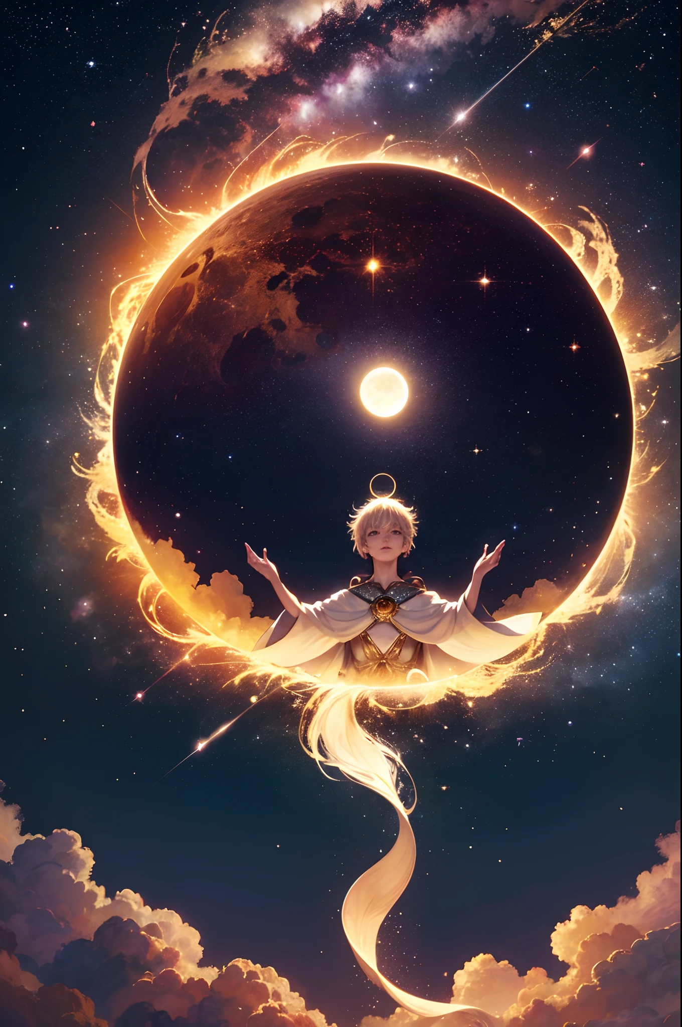 "A cosmic being" Landscape of the world and in the sky a series of constellations and magical entities, magia, estrelas, fora, Eclipse, Light in the center coming from a burst of light, mar com ondas e entardecer, magnificent gorgeous dramatic scene, 8k, magnifica