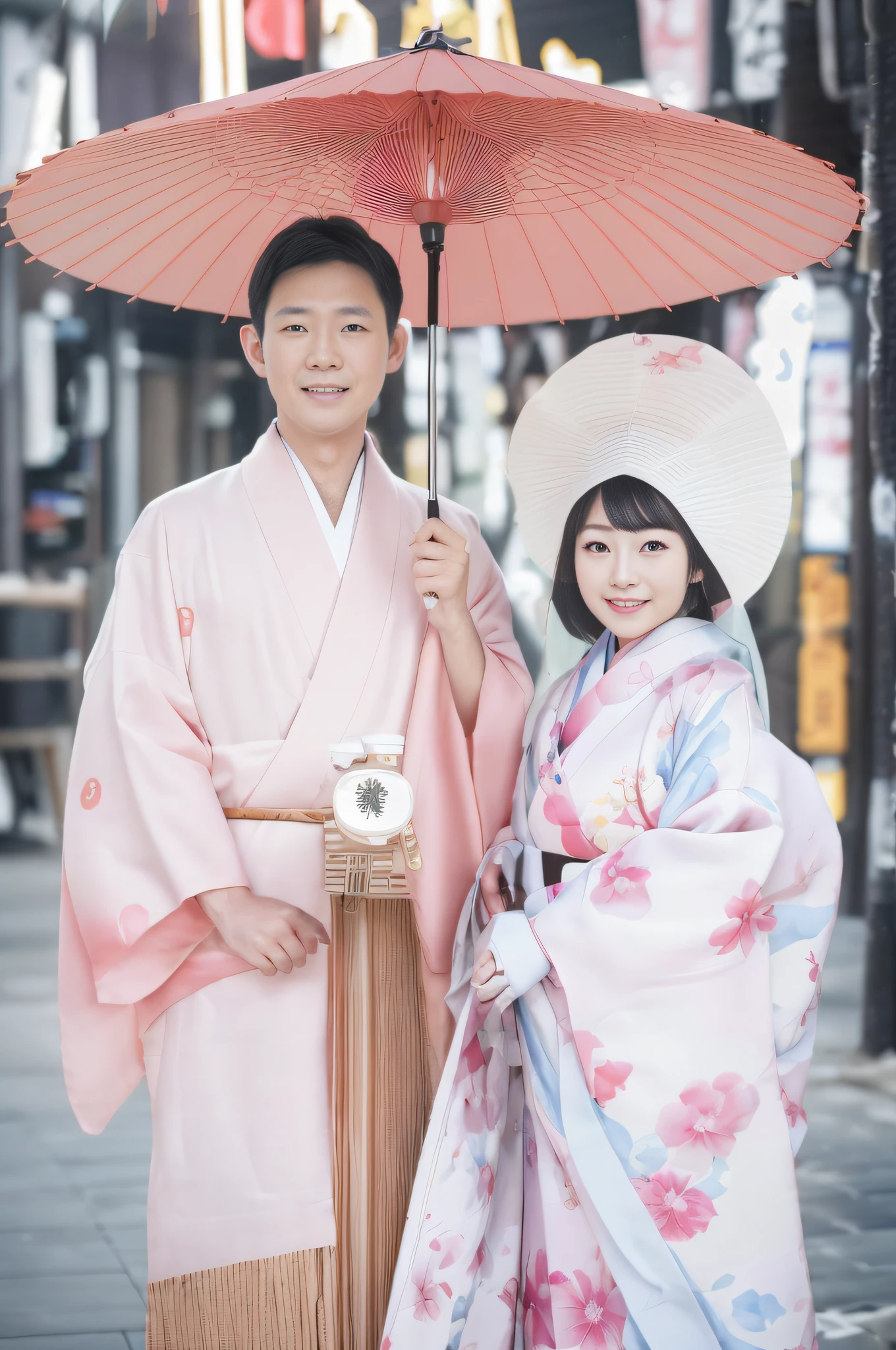 a smile, Male and female couples, Japanese umbrella, Kimono, (in 8K, Raw photo, of the highest quality, masutepiece:1.2), Super Detail, 超A high resolution, (Realistic, Photorealistic:1.2), high-definition RAW color photography, professional photograpy, depth of fields, Very fine and beautiful, Very detailed, in 8K, Moisturizing Muscle Dentistry, Digital SLR, 800mm lens