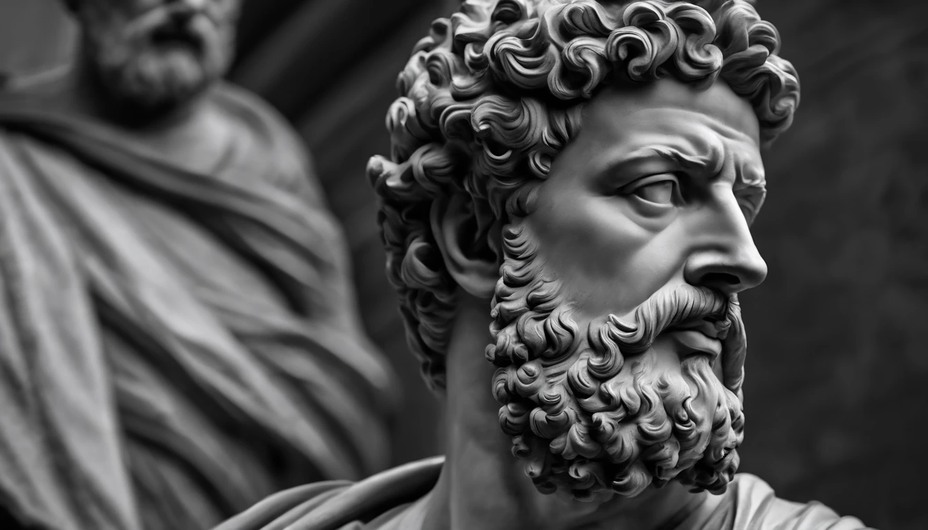 a portrait statue of the stoic Marcus Aurelius in black and white 4K,Face de lado, papel de parede super realista