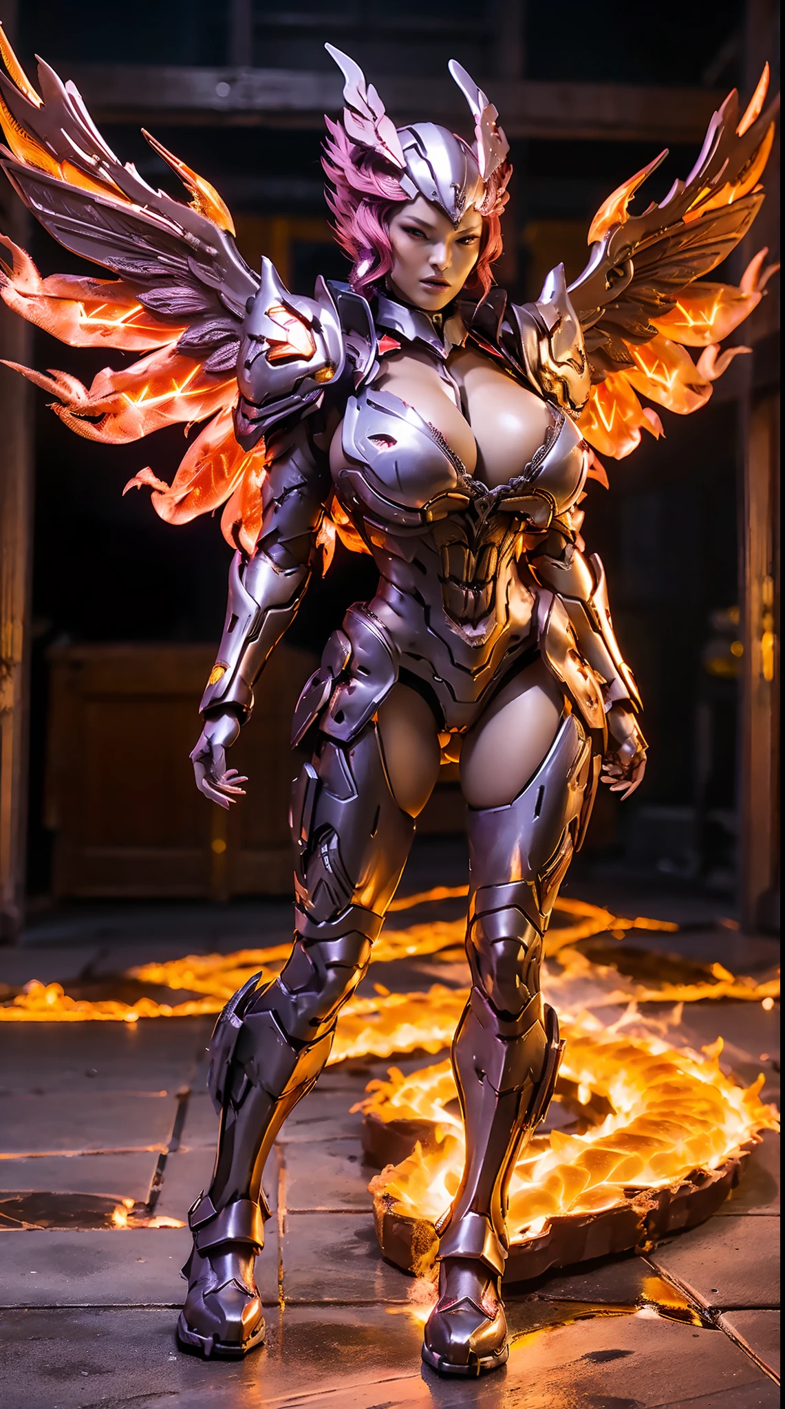 HUGE BOOBS, FIRE MECHA ARMOR FULL SUIT, (CLEAVAGE), (A PAIR LARGEST PHOENIX WINGS), TRANSPARANT, TALL LEGS, STANDING, SEXY BODY, MUSCLE ABS.