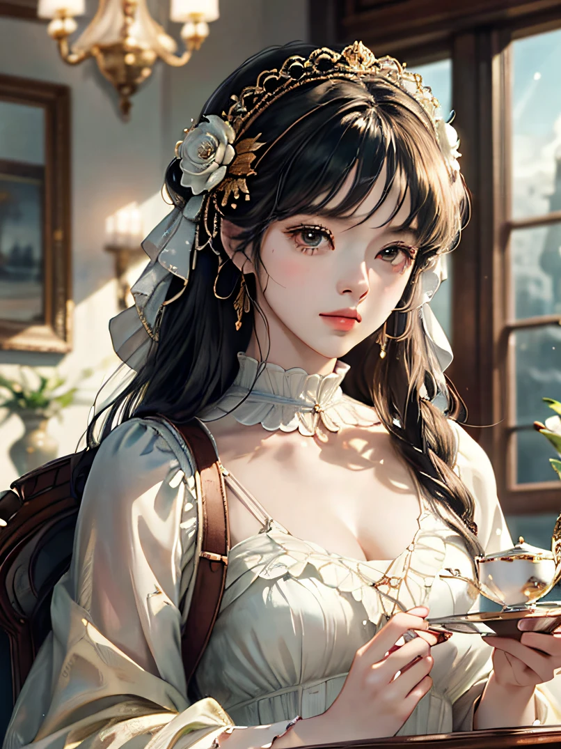 （top-quality、high detal、Realistic image、With intricate details、depth of fields、​masterpiece、High accuracy、Semi-real)、3/5 shots、1girl in、sit a chair、Look at viewers、beautifull hands、Detailed hand depiction、Luxurious Victorian-style teacups、Beautiful flowers around、brightly colorful、Detailed artwork、foco nítido、Dynamic and advanced senses、Complex and fluid linework、Light and airy composition、Ultra-realistic character design、Dramatic camera angles、Rich expressiveness、The composition is the golden ratio、Balanced composition、Optimal Production Cinematic Character Rendering、intricate artwork masterpieces