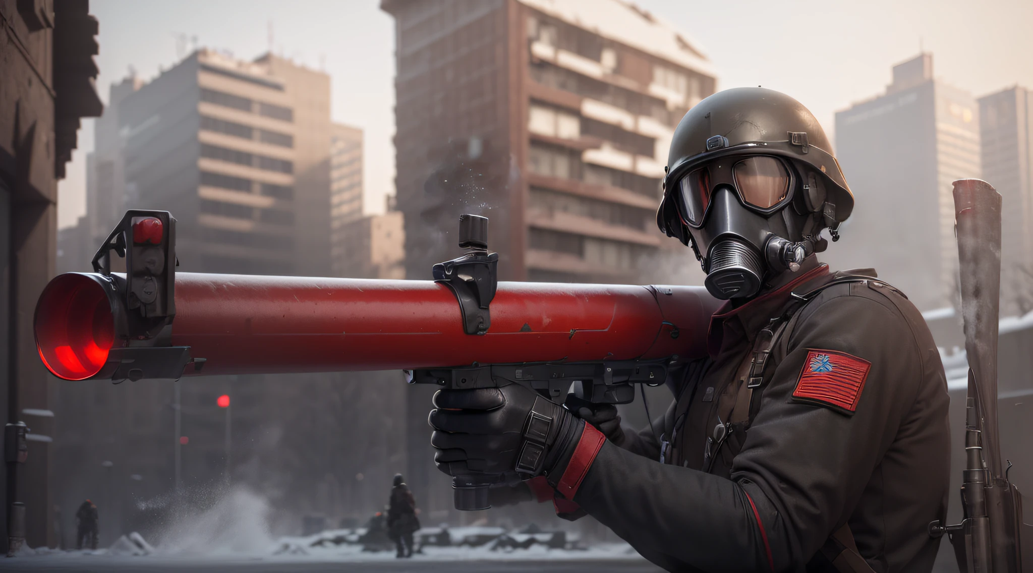 male soldier with brown Soviet style winter uniform, red details, gray helmet, full-head gas mask, black leather gloves, gray metal shoulder pads, holding a heavy rocket launcher resting on his shoulder, is in a totally destroyed Russian city, fire and smoke, snowy winter day, realistic, 4k, Ultra detailed image, realistic, Highly detailed, perfect composition, gorgeous, Intricately detailed, incredibly detailed, Art photography 8K, hyper detailed, Masterpiece, Ultra detailed, hyper realistic, 4k , Ultra detailed image, realistic, Highly detailed, perfect composition, beautiful, intricately detailed, incredibly detailed, art photography 8k, hyper detailed, masterpiece