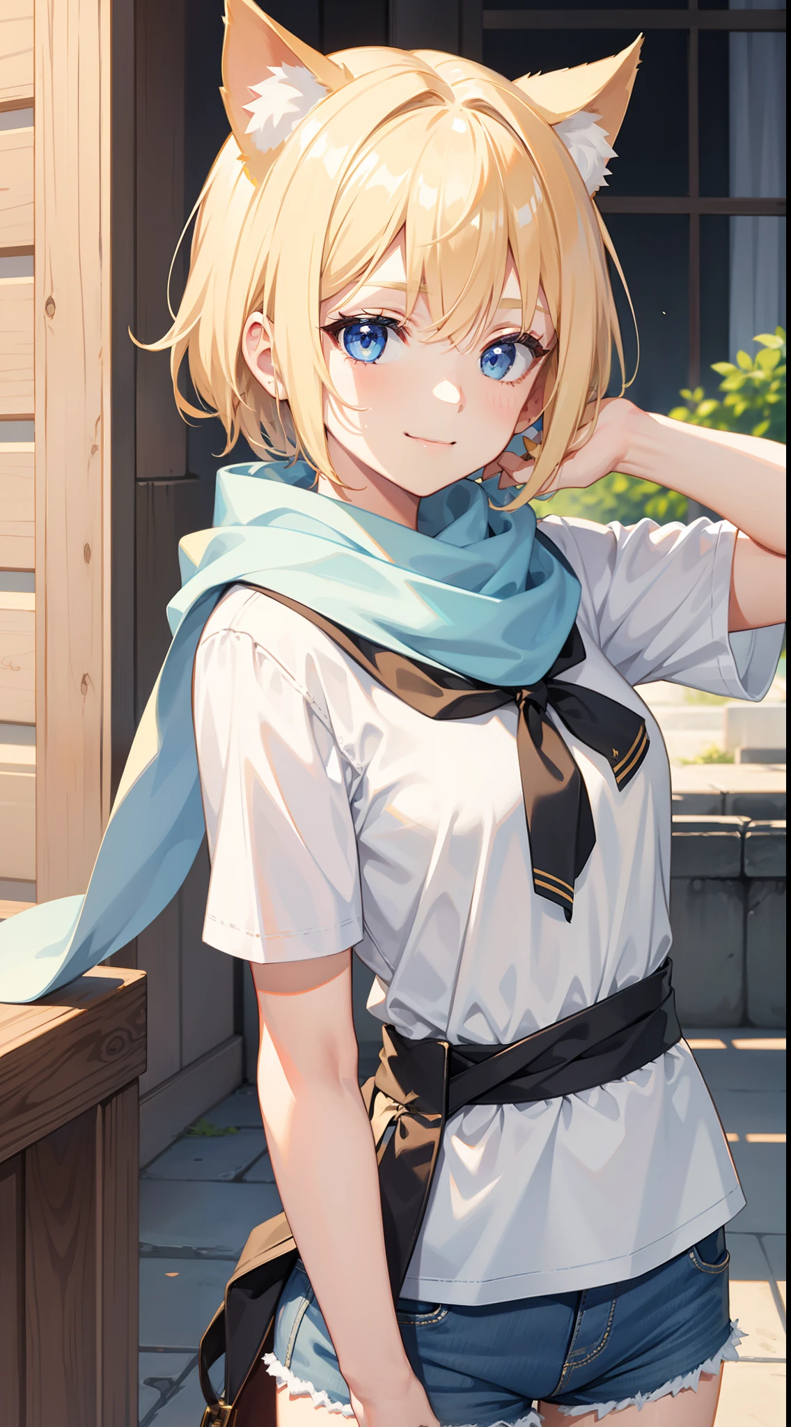 young girl, short blonde hair, cat ears, blue eyes, Smile, white tshirt, brown shorts, a scarf, Masterpiece, hiquality, 4k, HD, Good detail