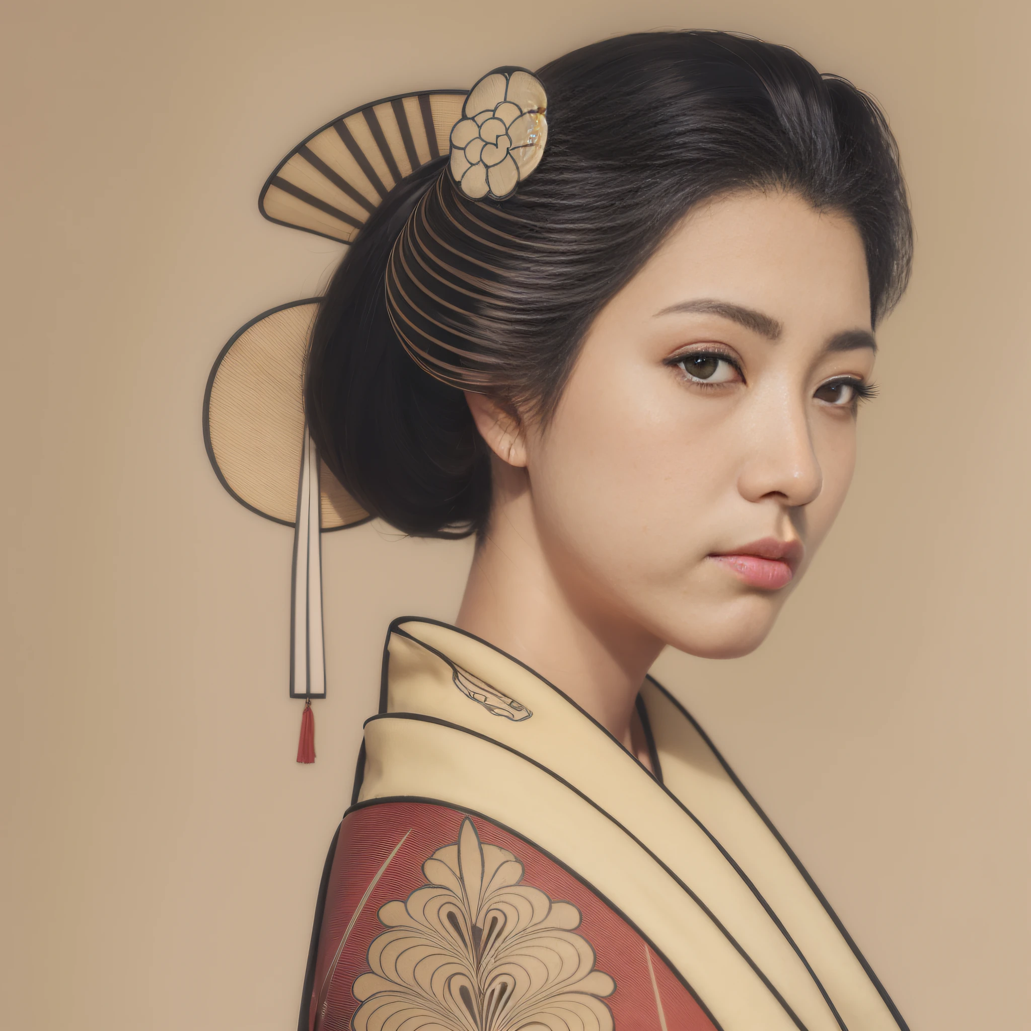 obra-prima, um close up de uma mulher com um leque e uma flor no cabelo, Retrato da gueixa, inspired by Itō Shinsui, Retrato de uma gueixa bonita, inspired by Uemura Shōen, Retrato de uma gueixa, mulher japonesa elegante, No estilo de arte de Ukiyo - E, gueixa japonesa, japanese art style, Mulher japonesa.