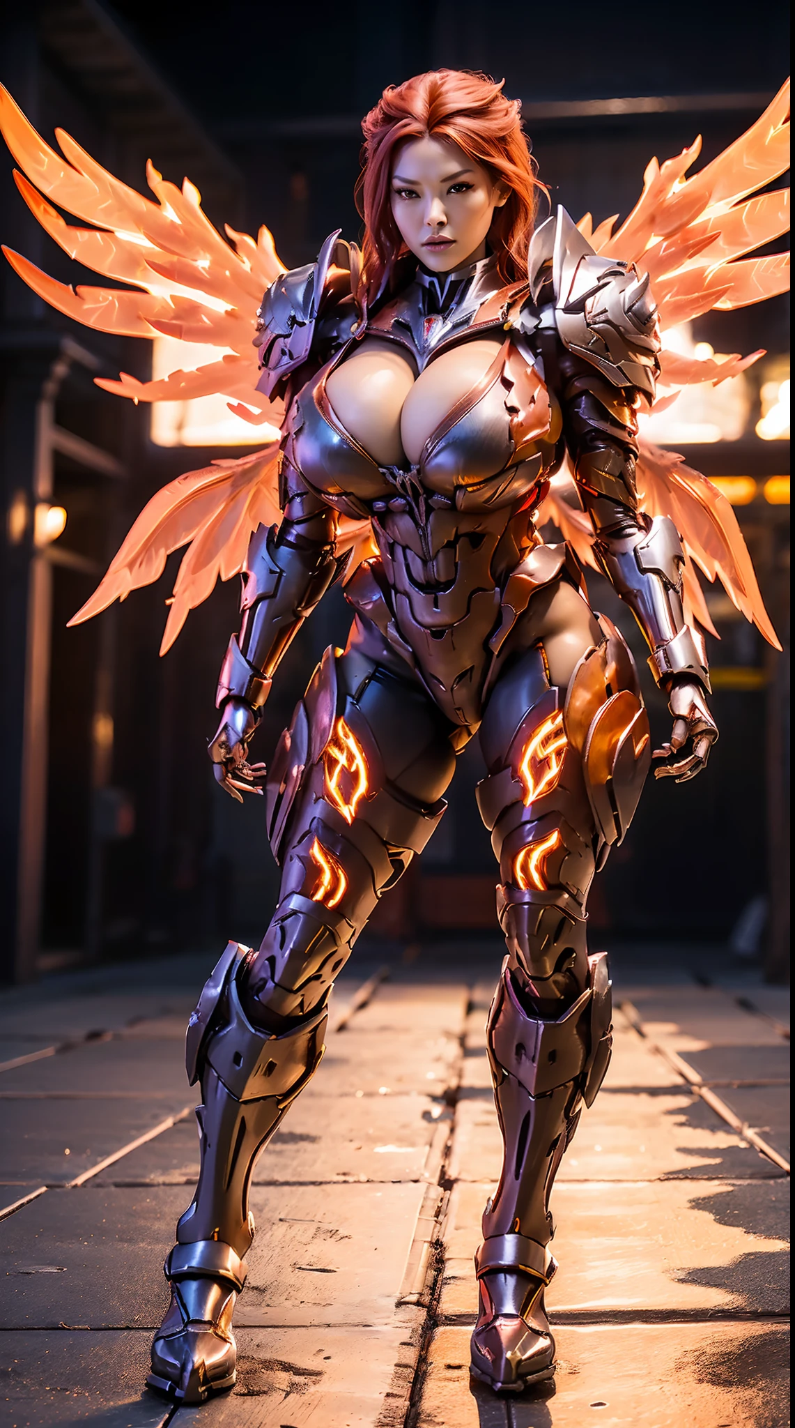 HUGE BOOBS, FIRE MECHA ARMOR FULL SUIT, (CLEAVAGE), (A PAIR LARGEST PHOENIX WINGS), TRANSPARANT, TALL LEGS, STANDING, SEXY BODY, MUSCLE ABS.