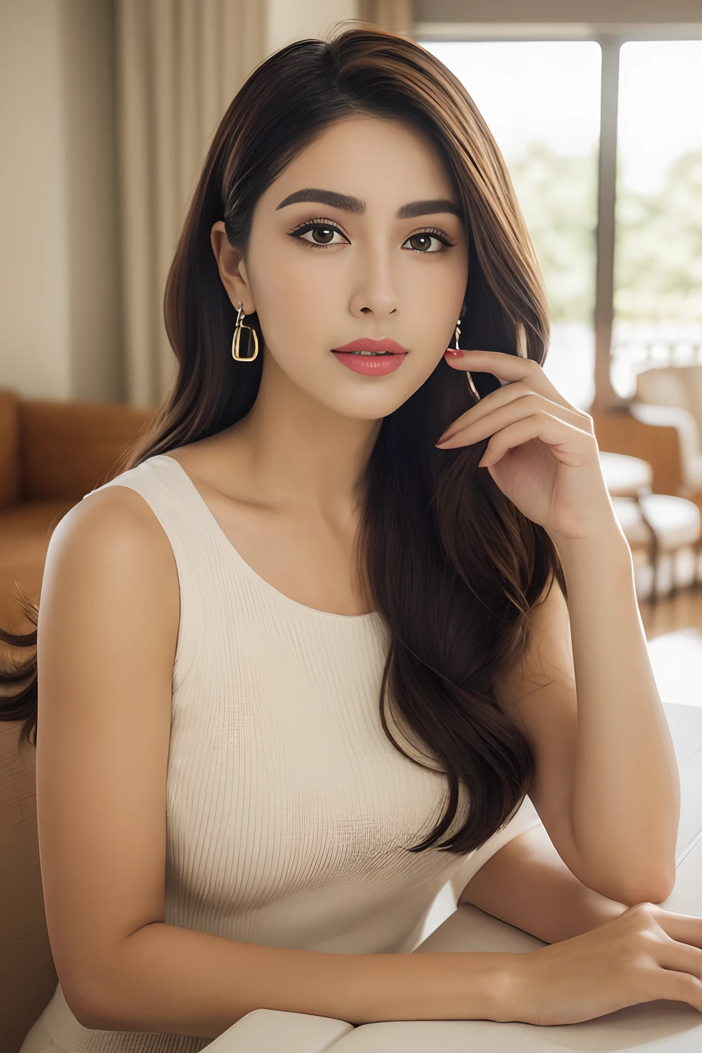 Woman posing for camera in sunny living room while doing her makeup, a portrait inspired by Gina Pellón, instagram, Tachisme, Violeta Myers, Lorena Avarez, olivia culpo, Alanis Guillen, Parece Laura Barriales, Retrato Sophie Mudd, curtido ameera al taweel , mulher bonita, cabelos curto castanhos