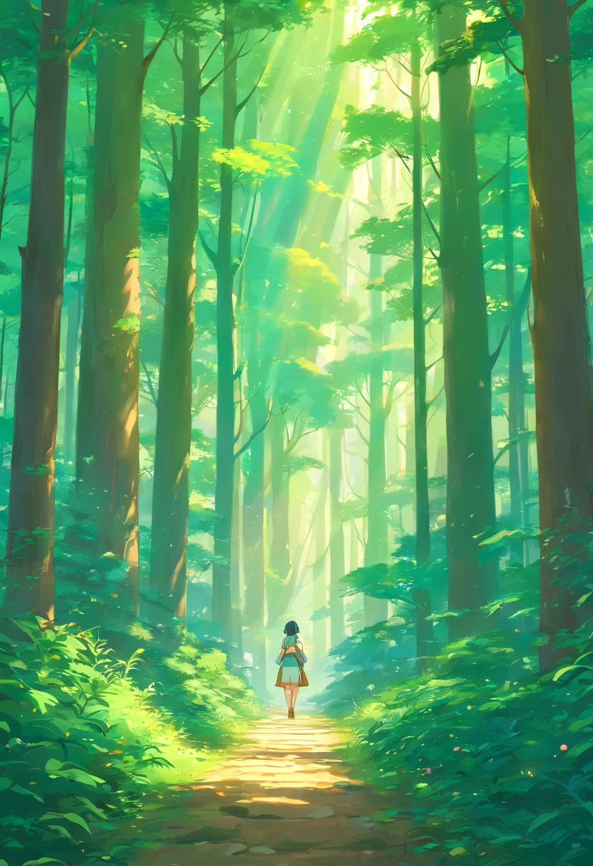 A woman walking down a path in the middle of a forest - SeaArt AI